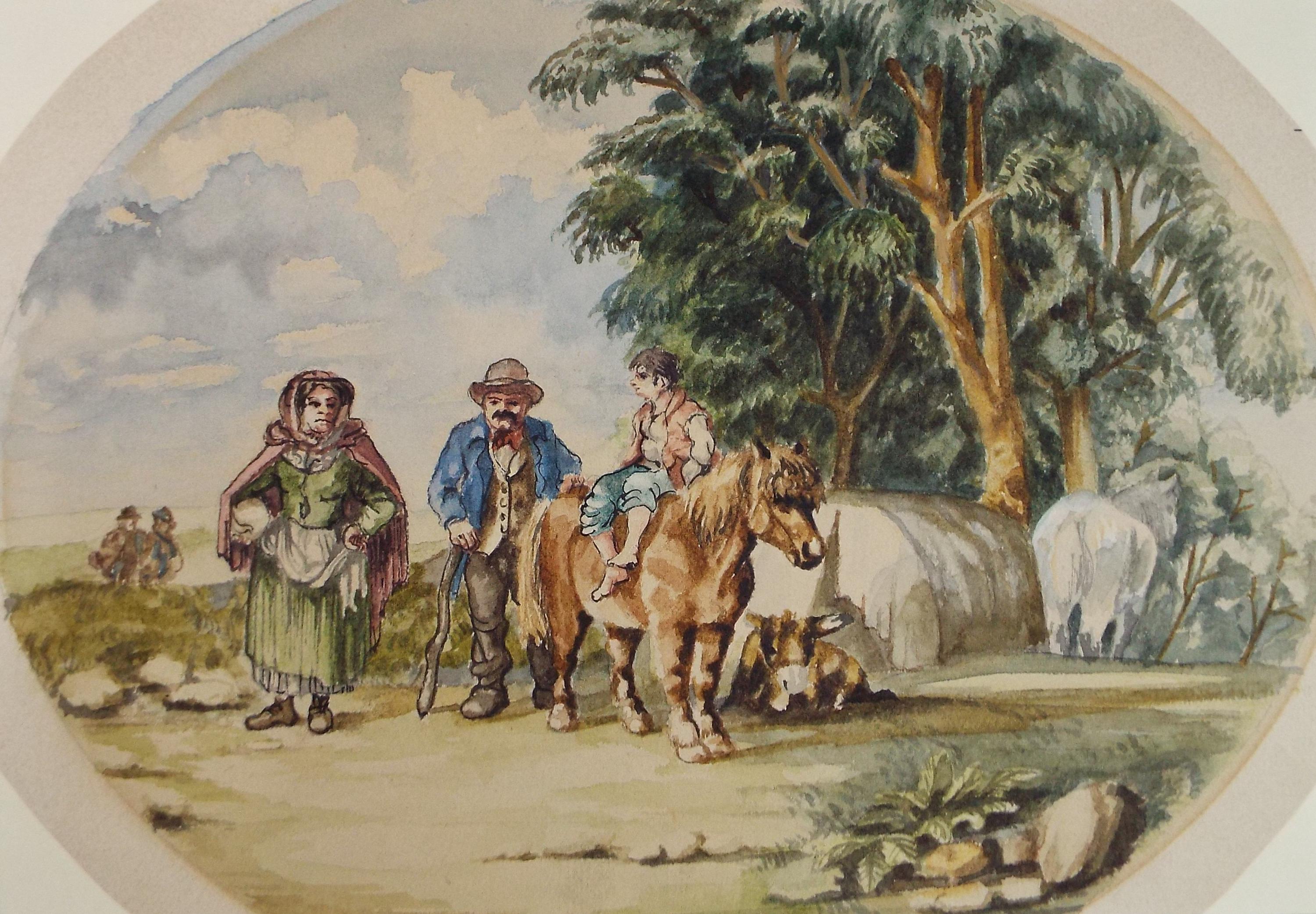 Original Watercolour,' Travellers with Ponies', Late 19th Century, Unknown artist