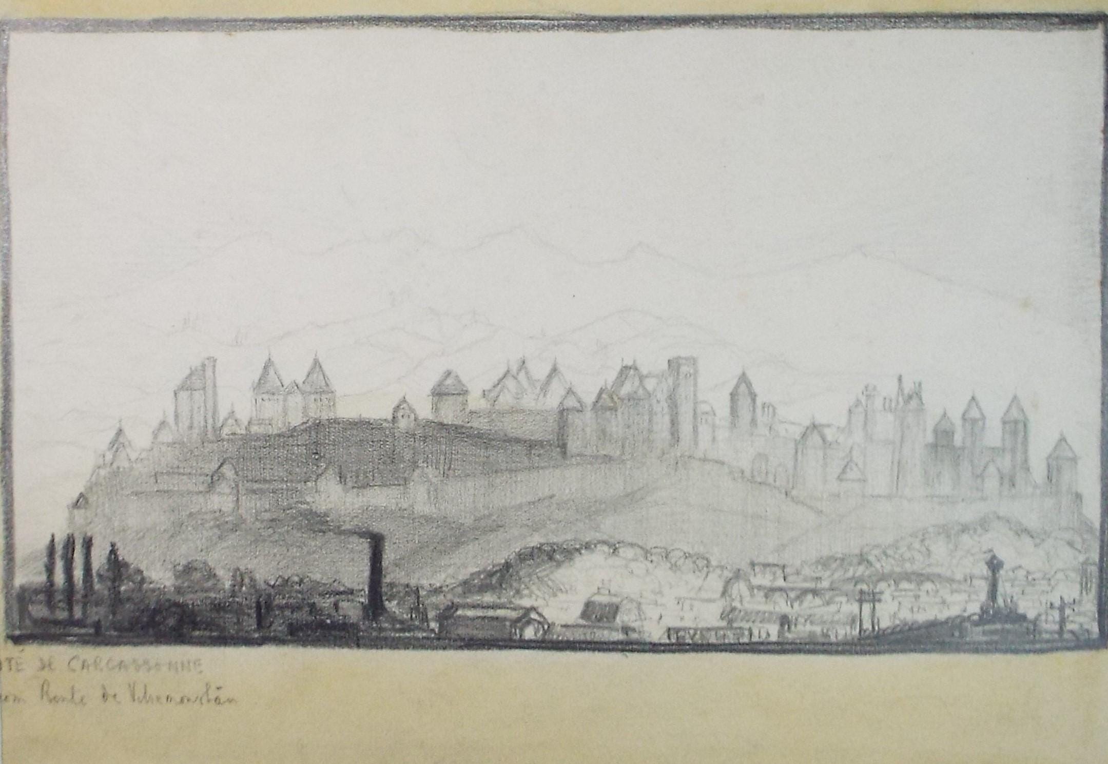 Original Pencil drawing, 'Cite de Carcassonne', C B Farrar, Late 19th Century