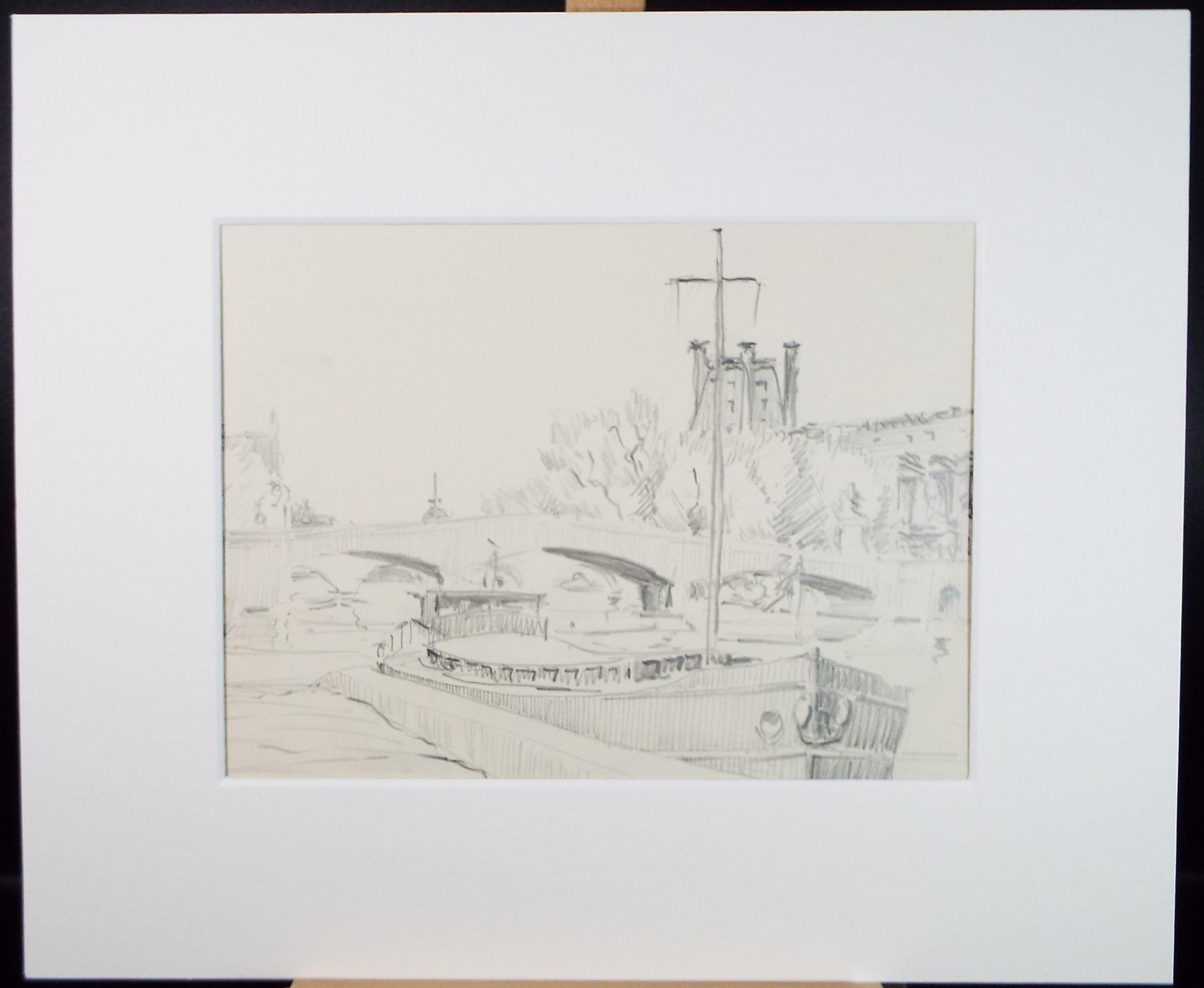 Original Pencil drawing, 'Barge Below the Bridge', circa 1950's Artist Unknown