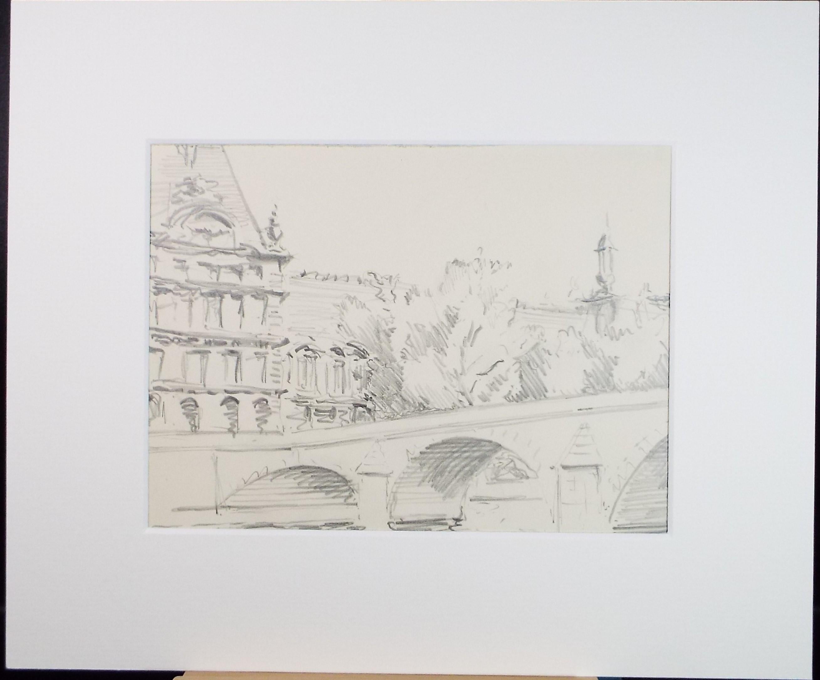 Original Pencil Drawing, 'Pont Royal', Circa 1950's, Artist Unknown