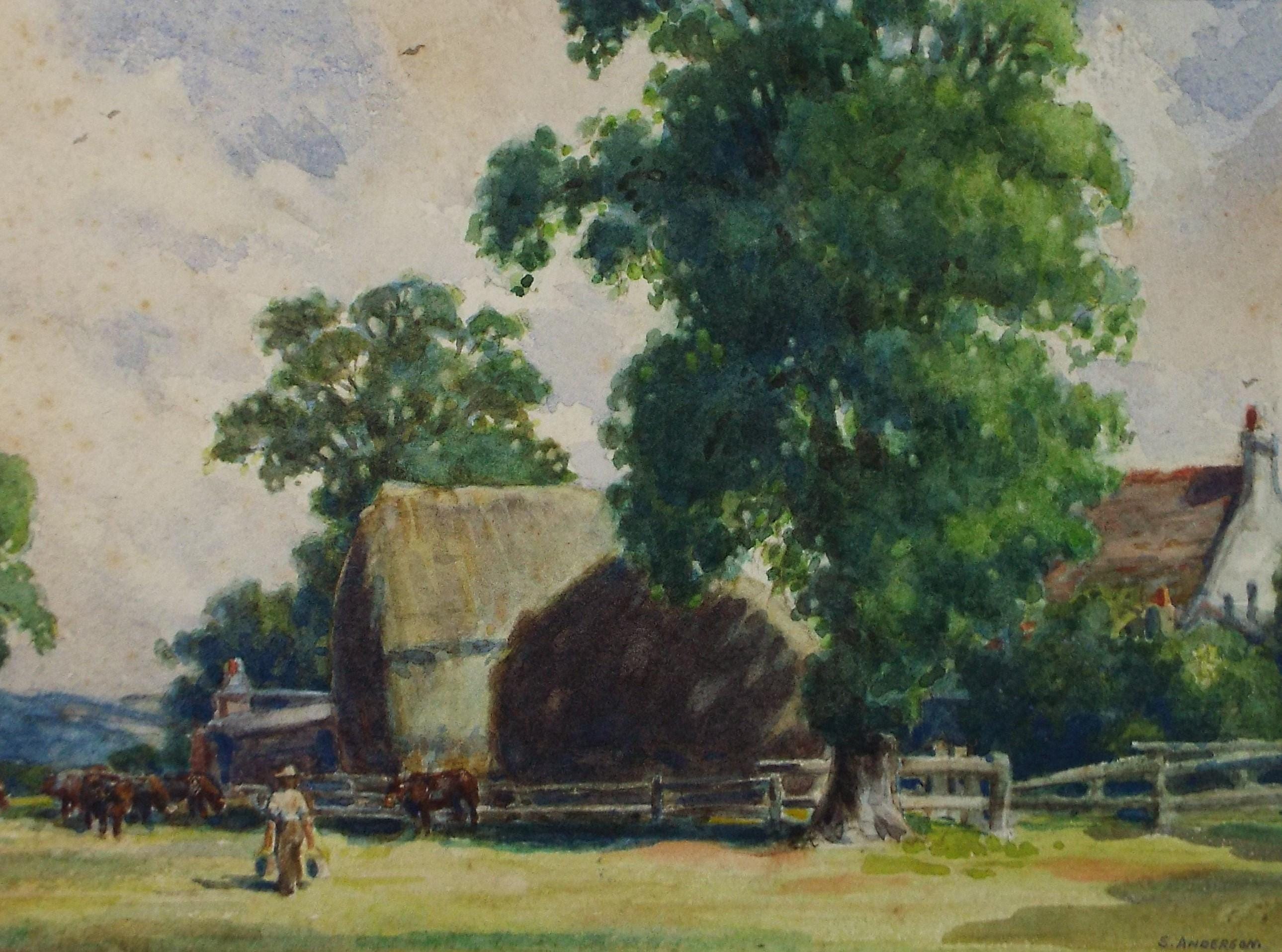 Original Watercolour 'Farm with Figure', circa 1930's, S Anderson