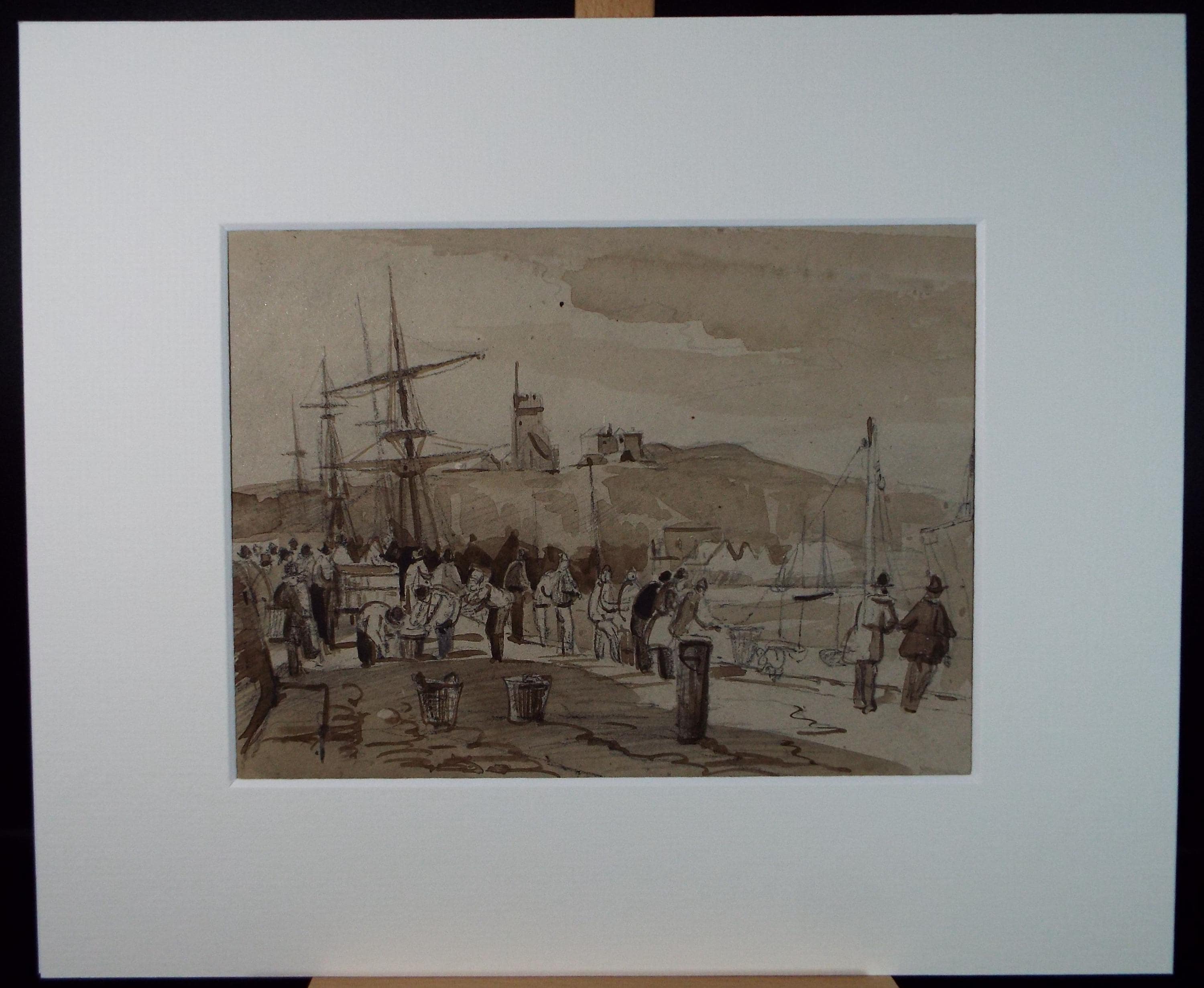 Original Watercolour, 'Quayside with Figures',Late 19th Century, artist Unknown