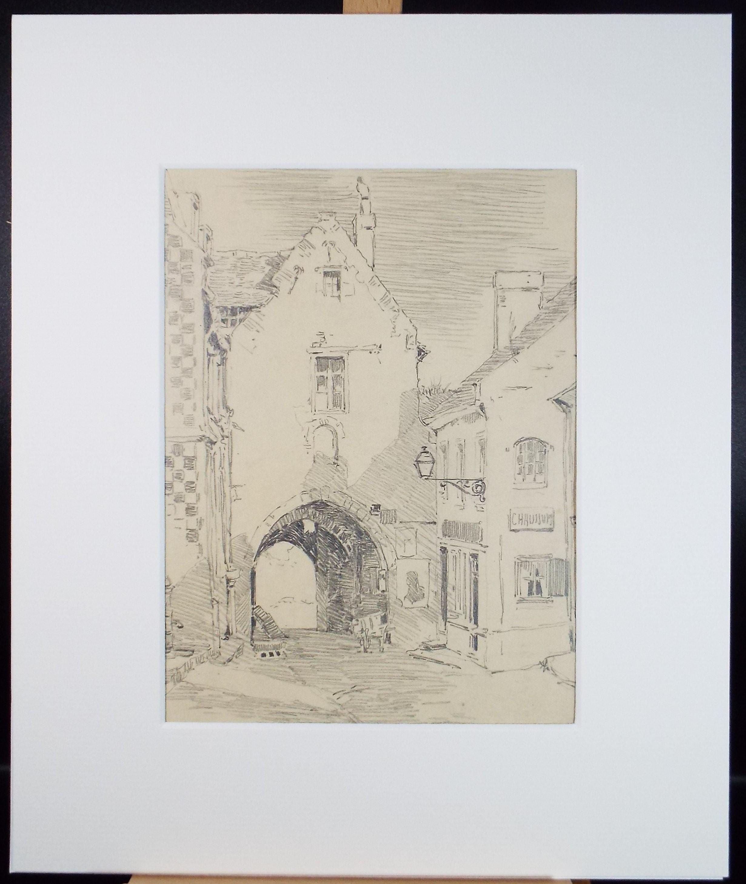 Original pencil Drawing, 'Port de Nevers', Artist Unknown, circa 1880's