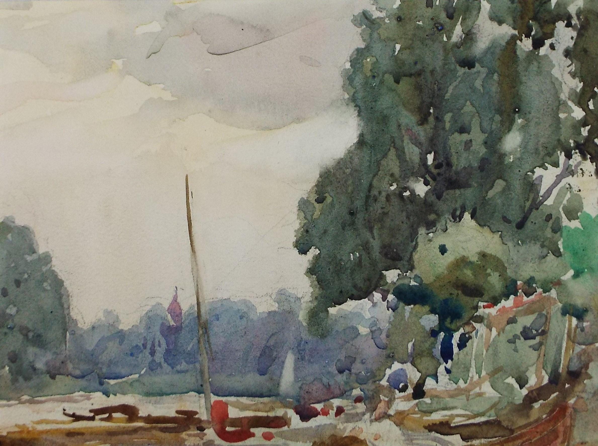 Original Watercolour, 'Sailboat on the River', c1920's,Artist Unknown