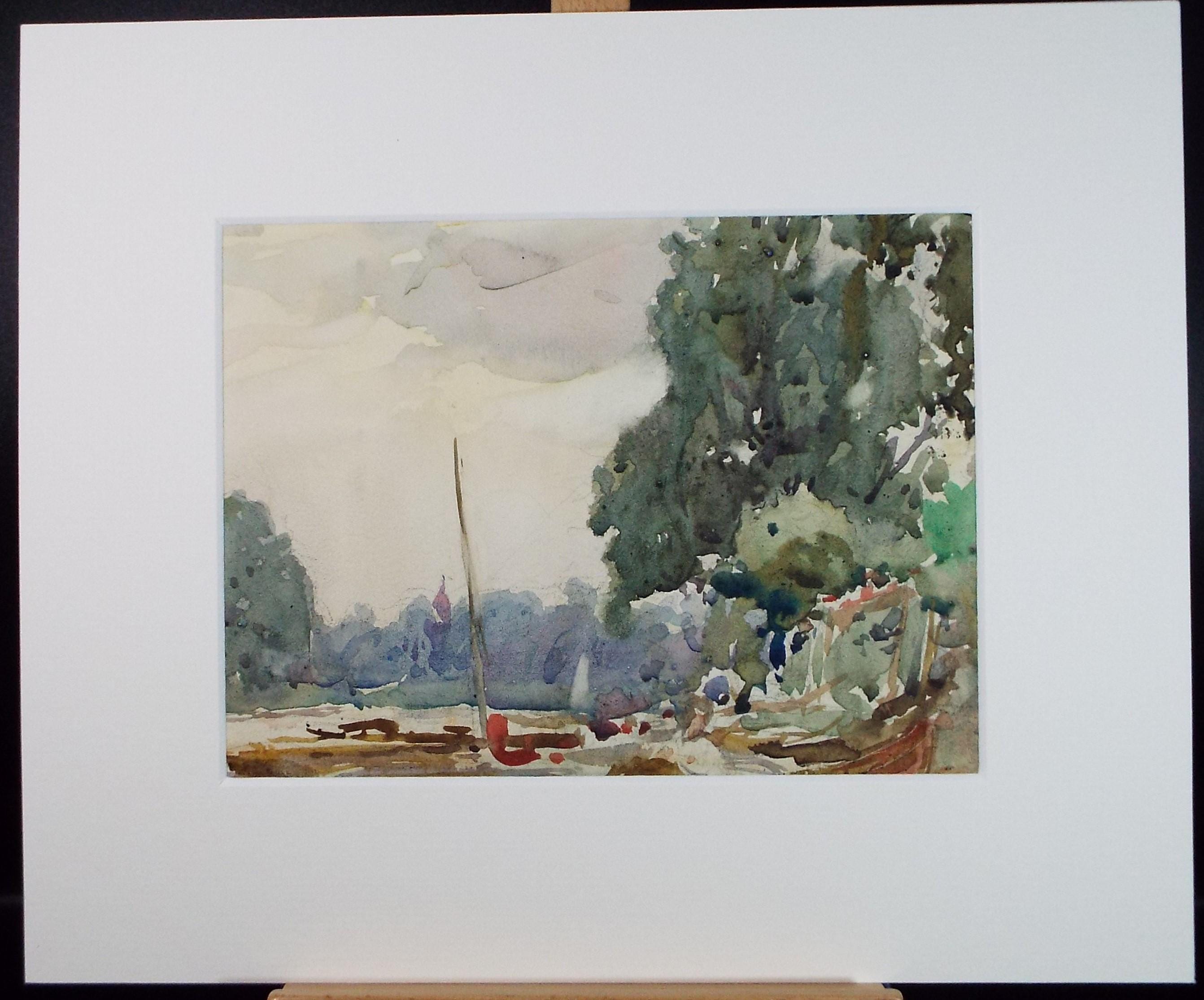 Original Watercolour, 'Sailboat on the River', c1920's,Artist Unknown