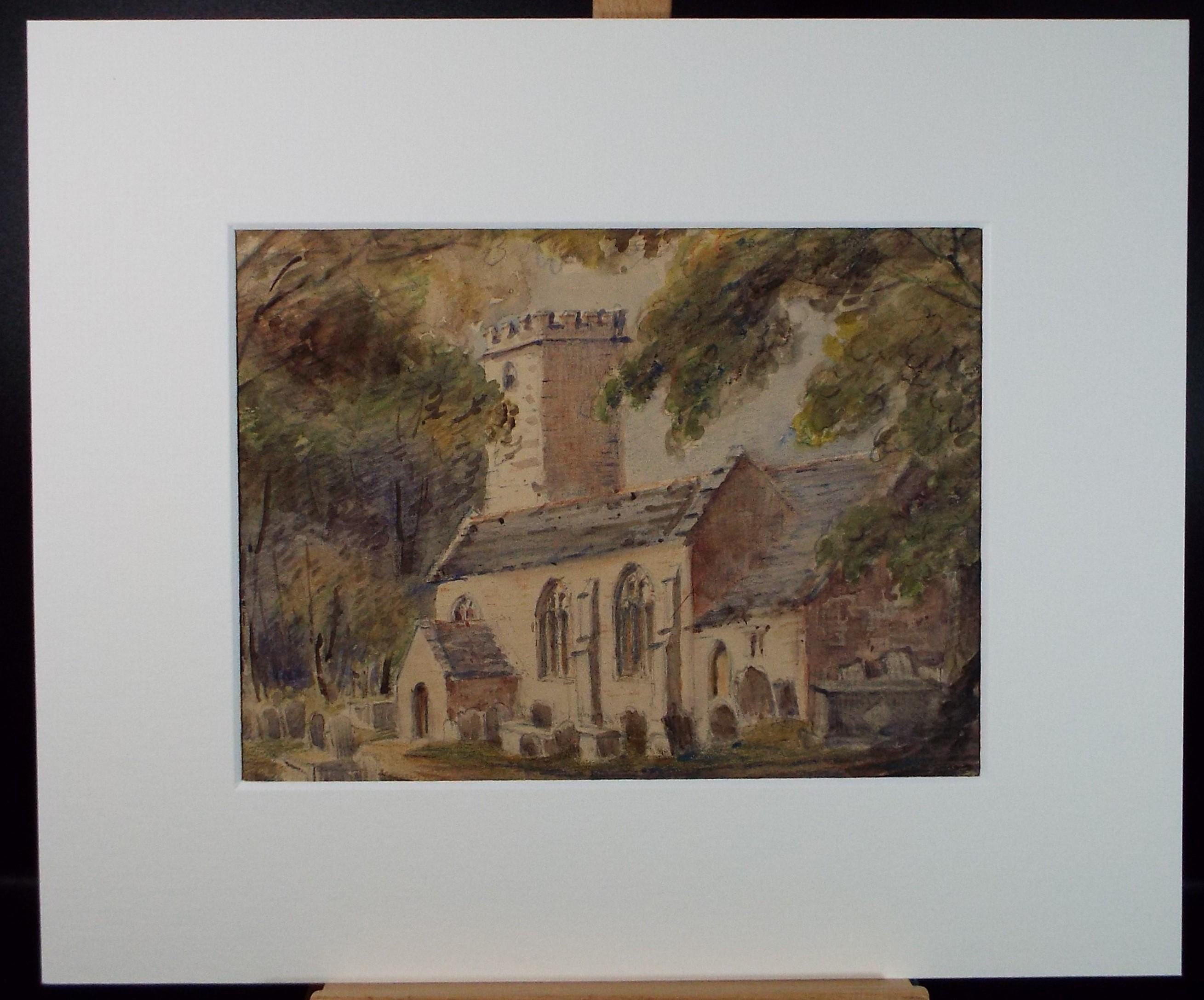 Original Watercolour, 'Church Study', Mid 19th Century, Artist Unknown