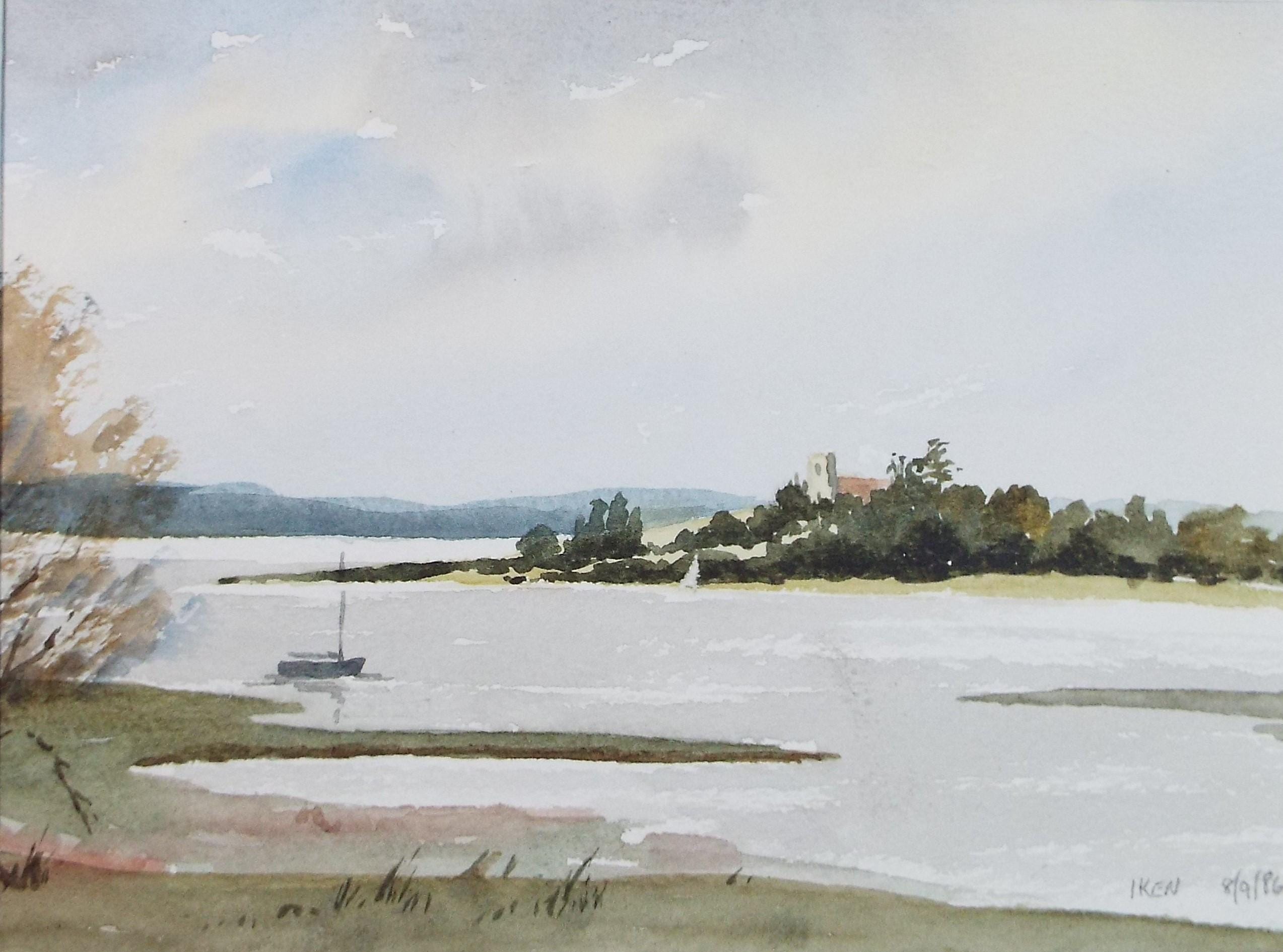 Original Watercolour, 'Moored boat on the River', Dated 1986, Artist Unknown