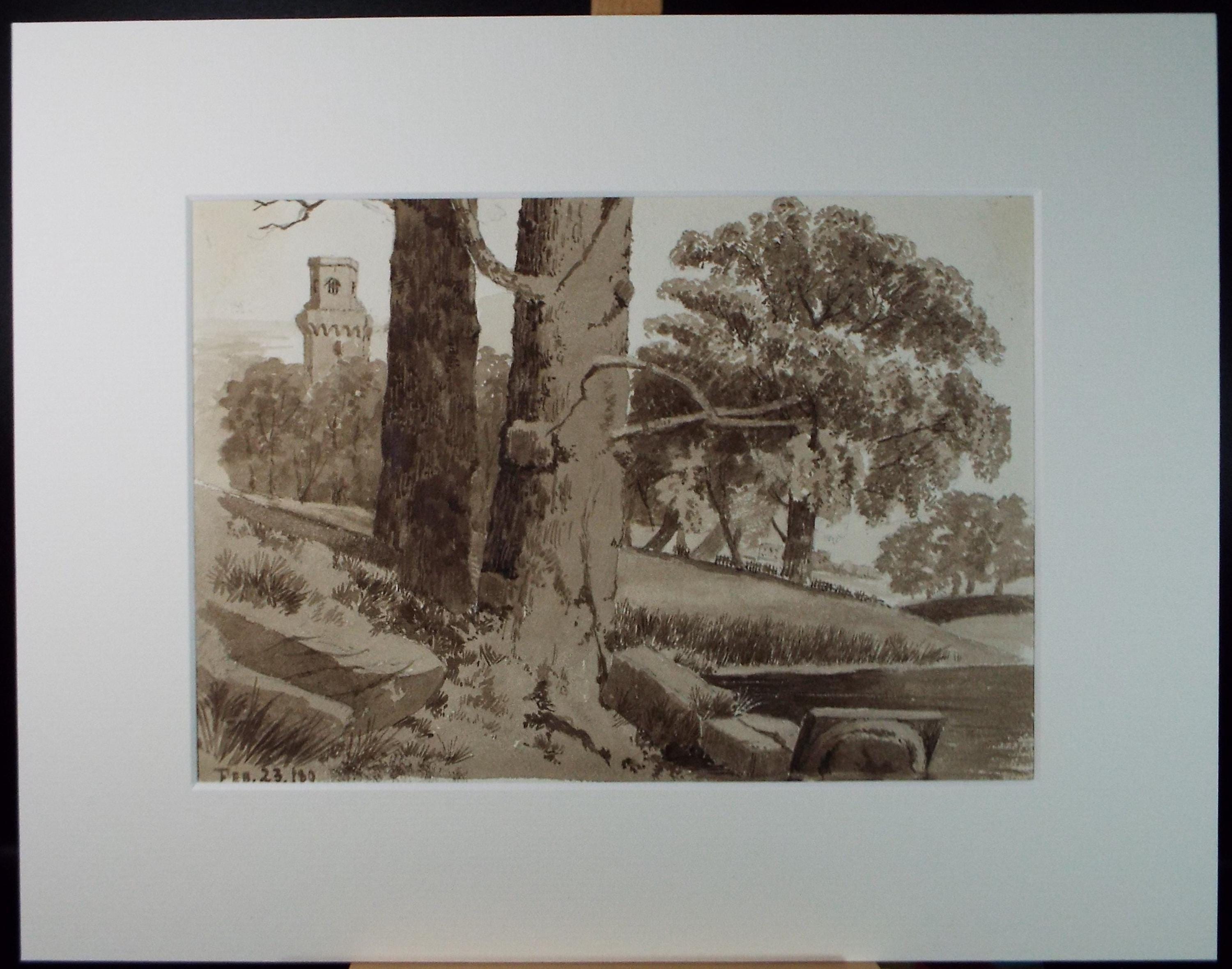 Original Watercolour, 'Landscape with Tower', Circa 1880's, Artist Unknown