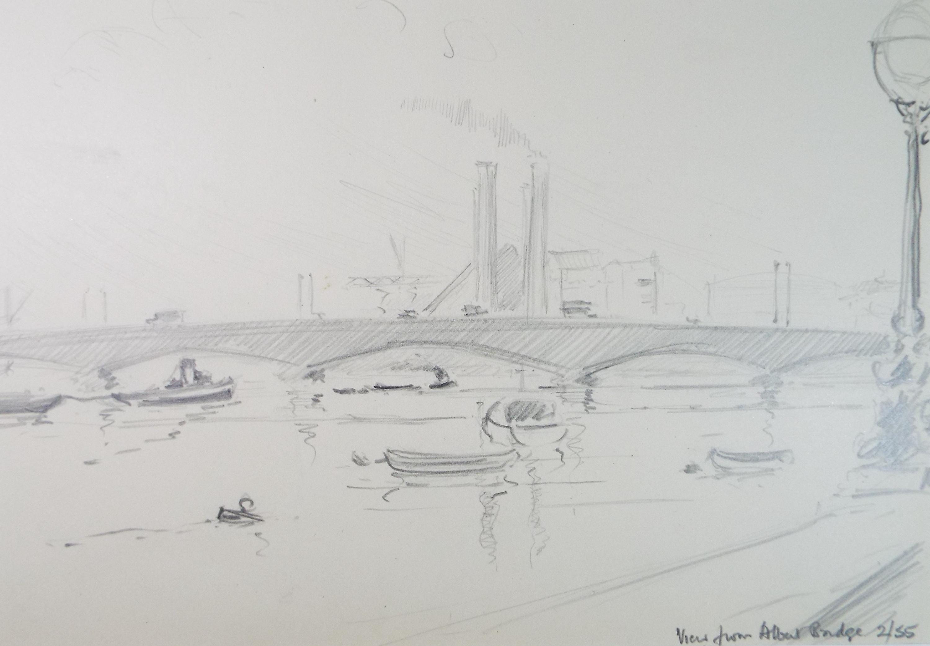 Original Pencil Drawing, 'View from Albert Bridge', Artist Unknown, Dated 1955