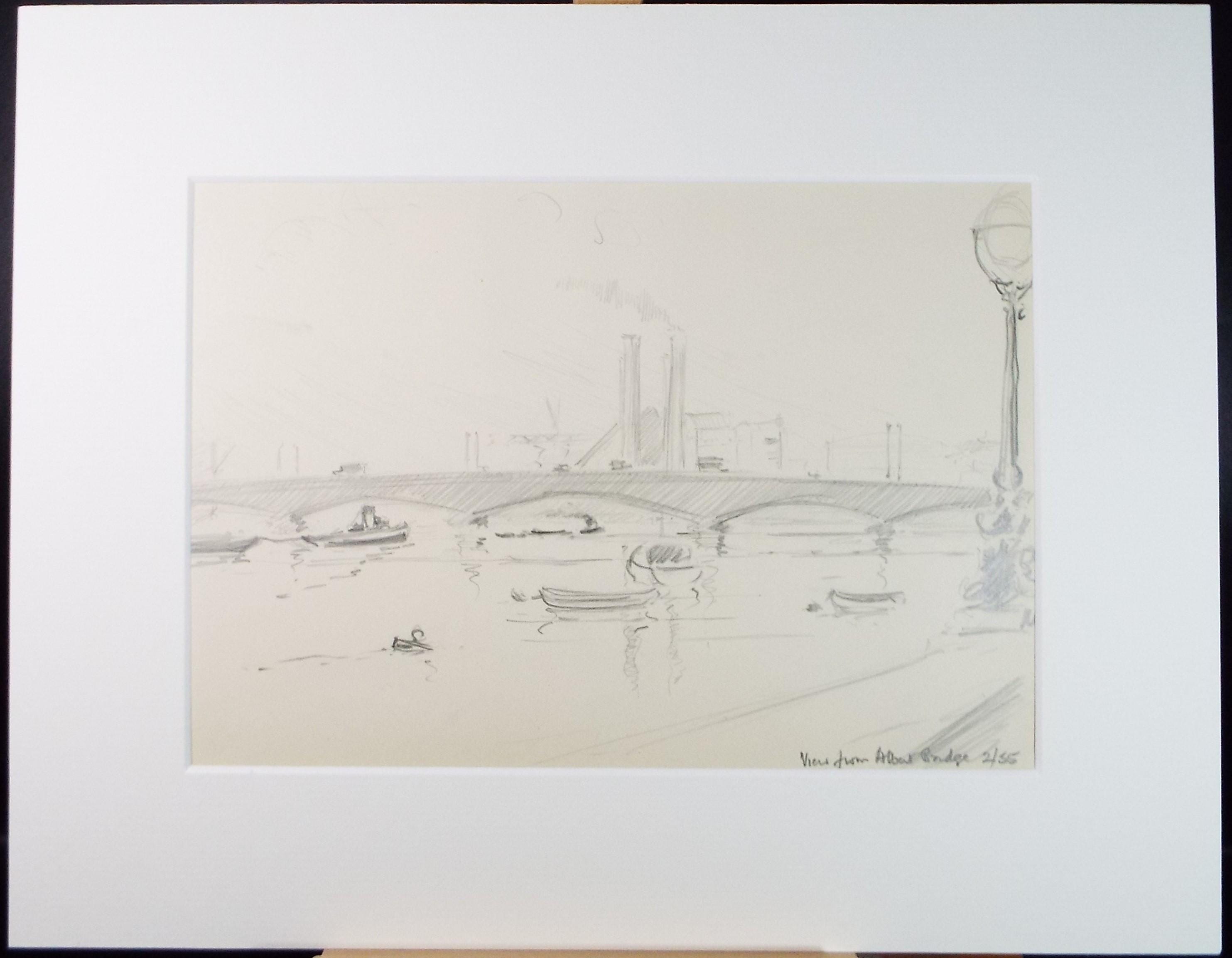 Original Pencil Drawing, 'View from Albert Bridge', Artist Unknown, Dated 1955