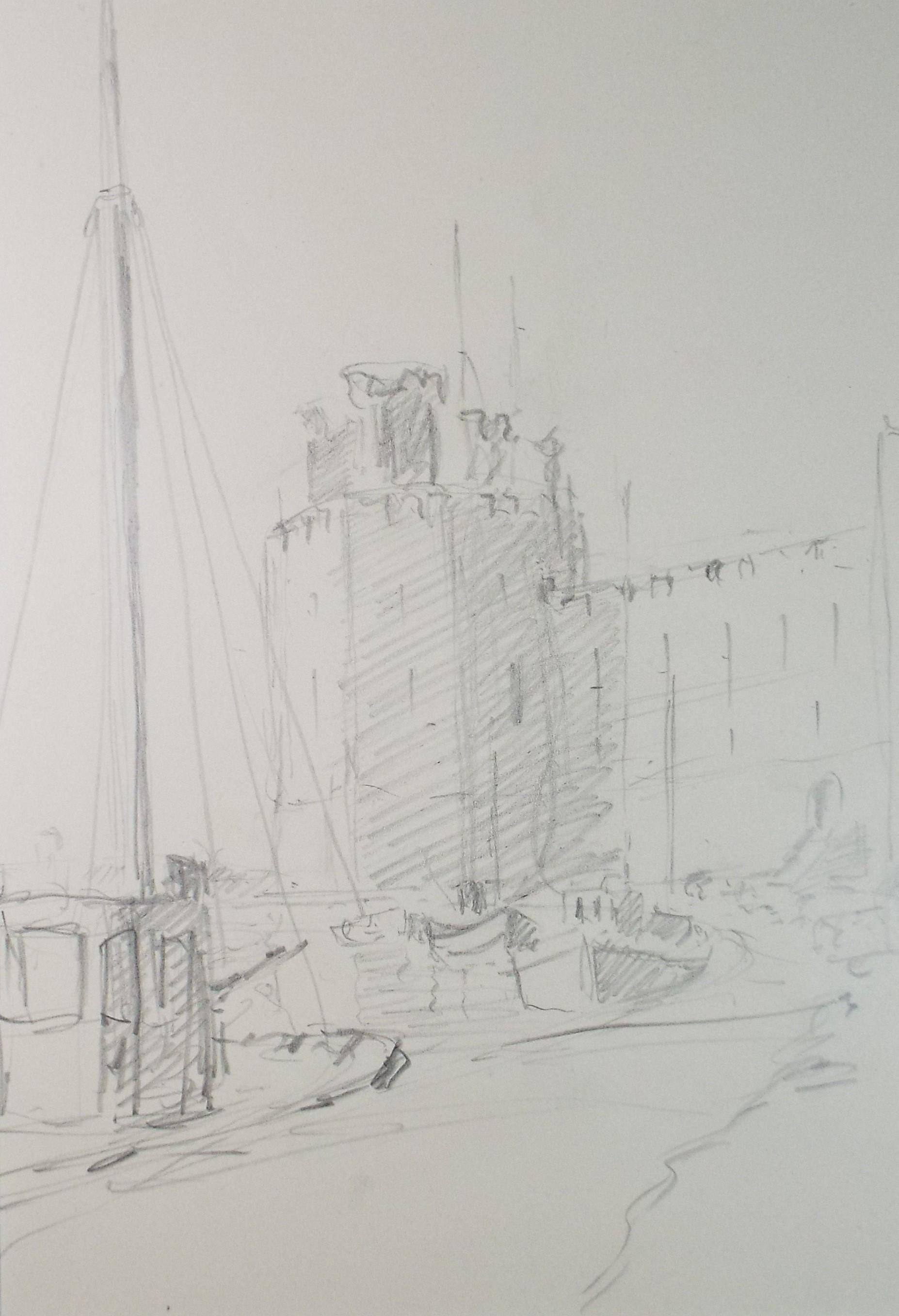 Original Pencil Drawing, 'Castle Tower with moored boats', Artist Unknown, Circa 1950's