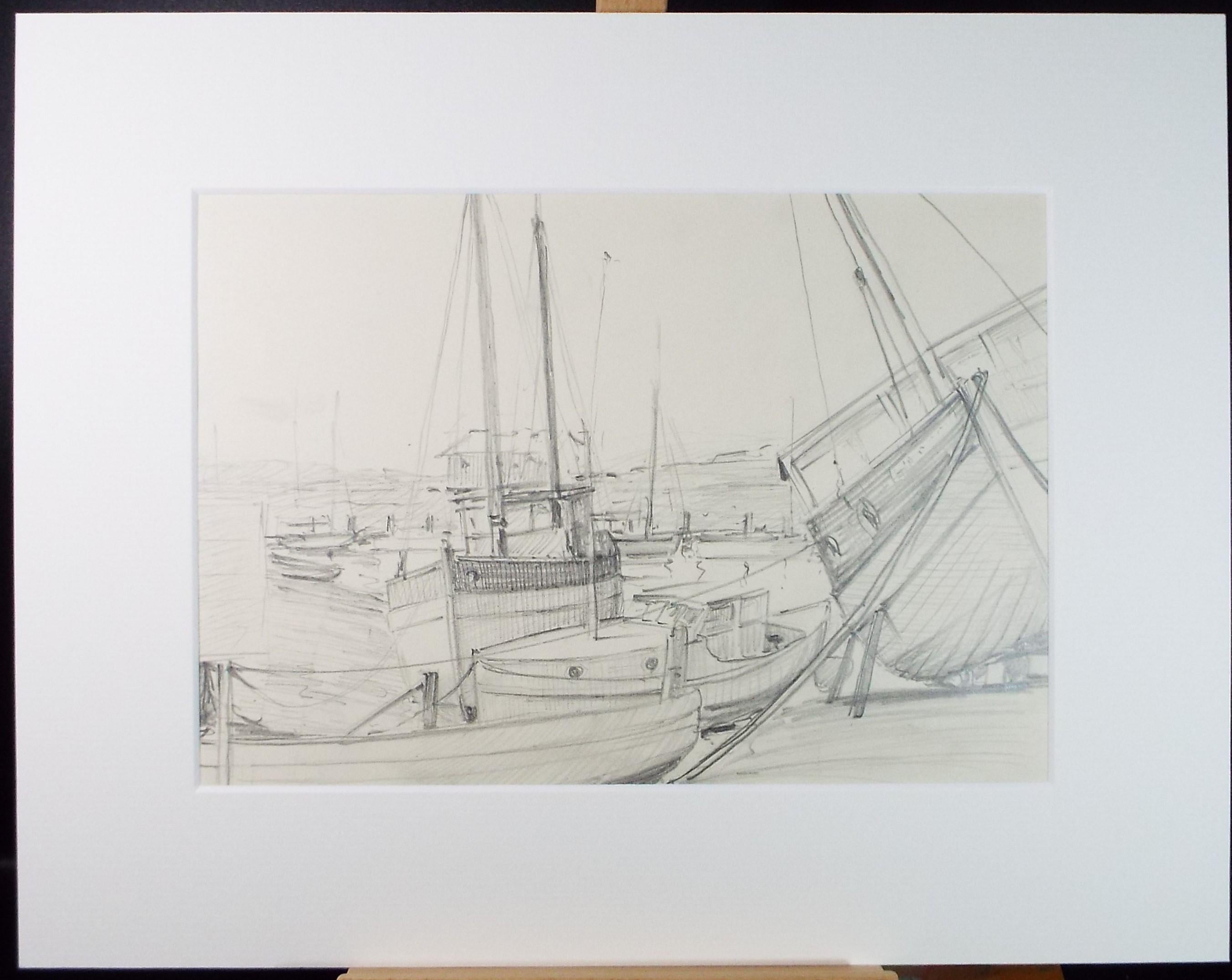 Original Pencil Drawing, 'Moored Boats', Artist Unknown, Circa 1950's