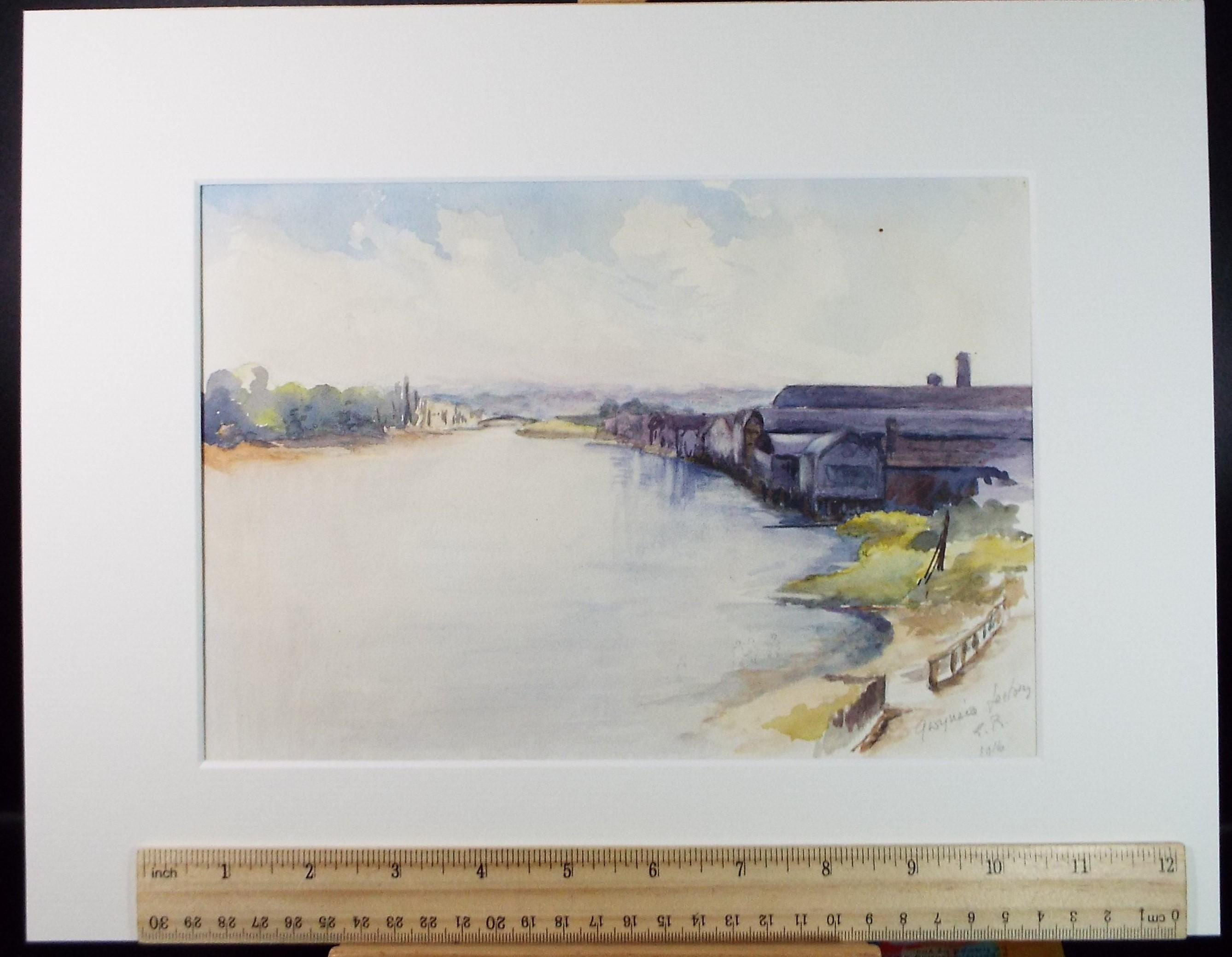 Original Watercolour on Paper, 'Riverside Factory', Dated 1916 , Artist Unknown