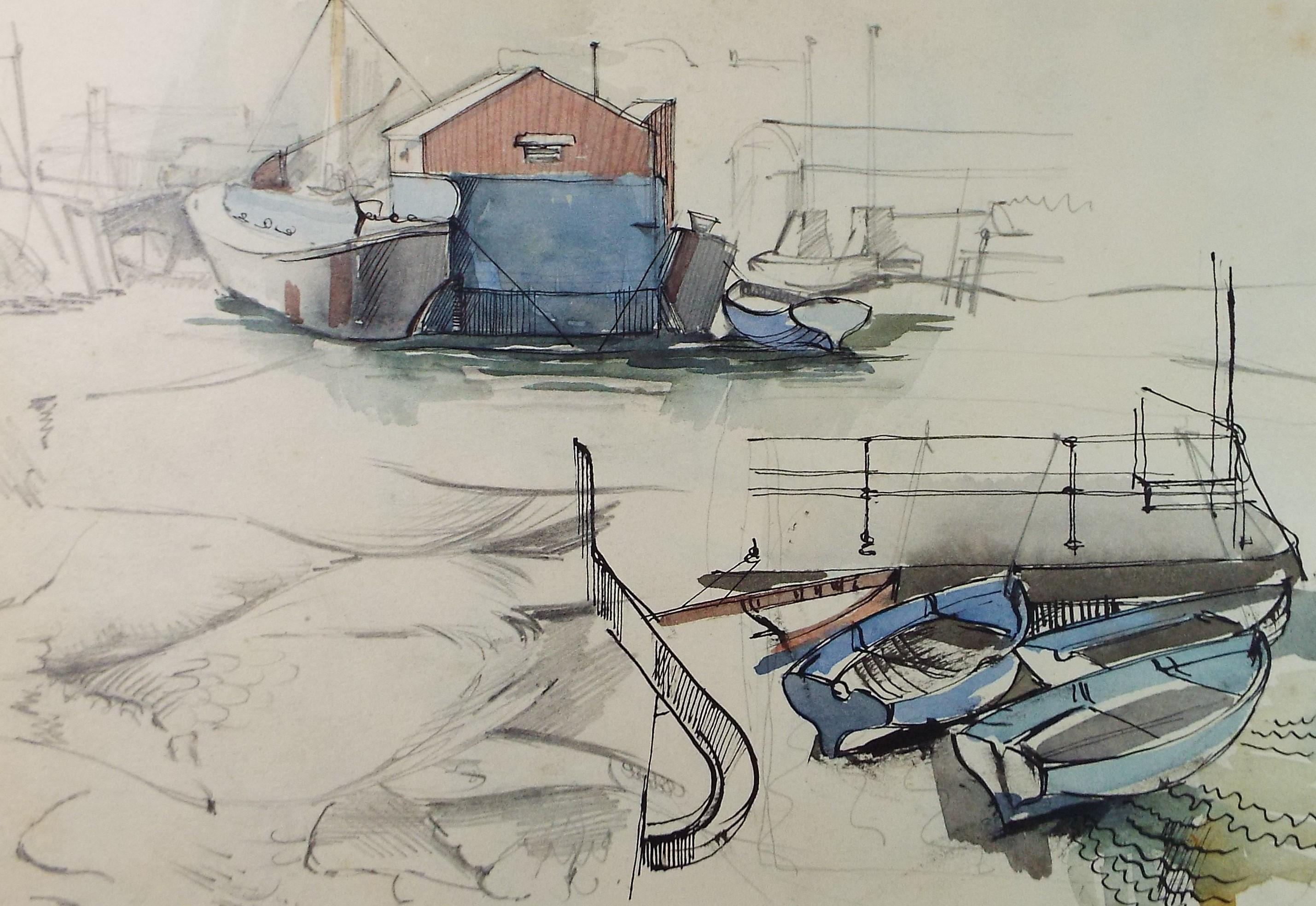 Original Watercolour 'The Boatyard', Artist Unknown, Circa 1950's