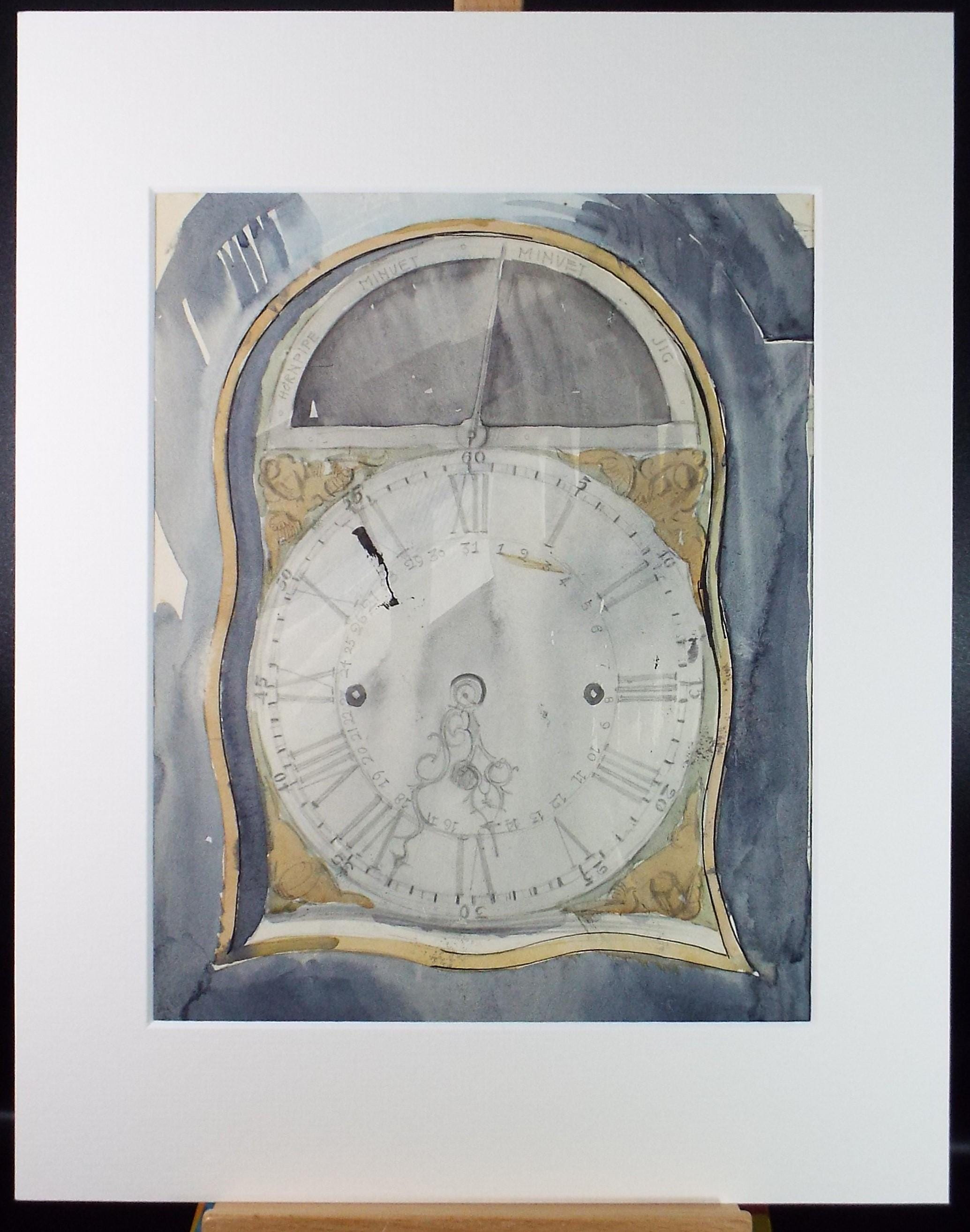 Original Watercolour & ink 'Dial of a Musical Longcase Clock', circa 1950's, artist Unknown