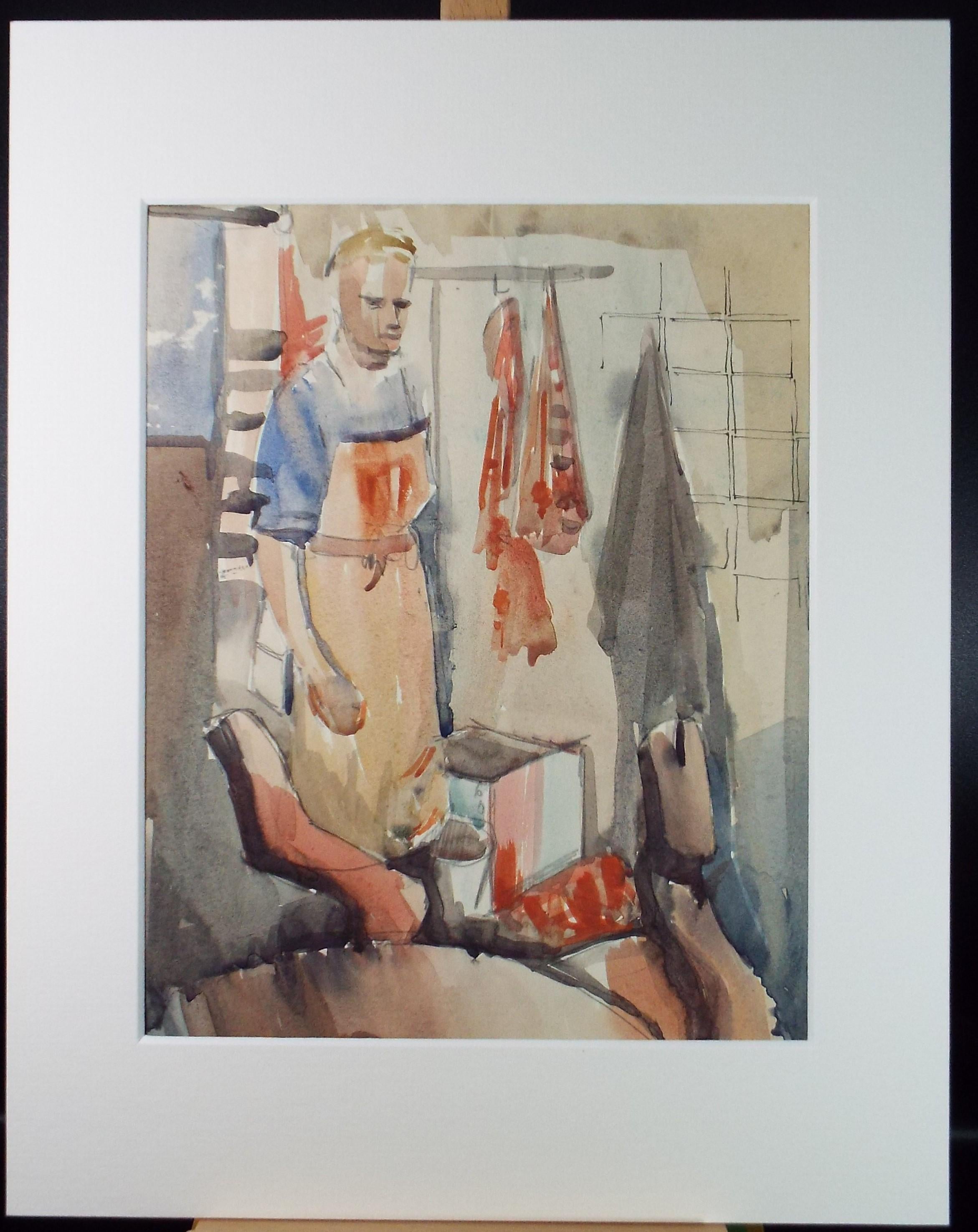 Original Watercolour ,'At The Abattoir', Circa 1950's, artist Unknown