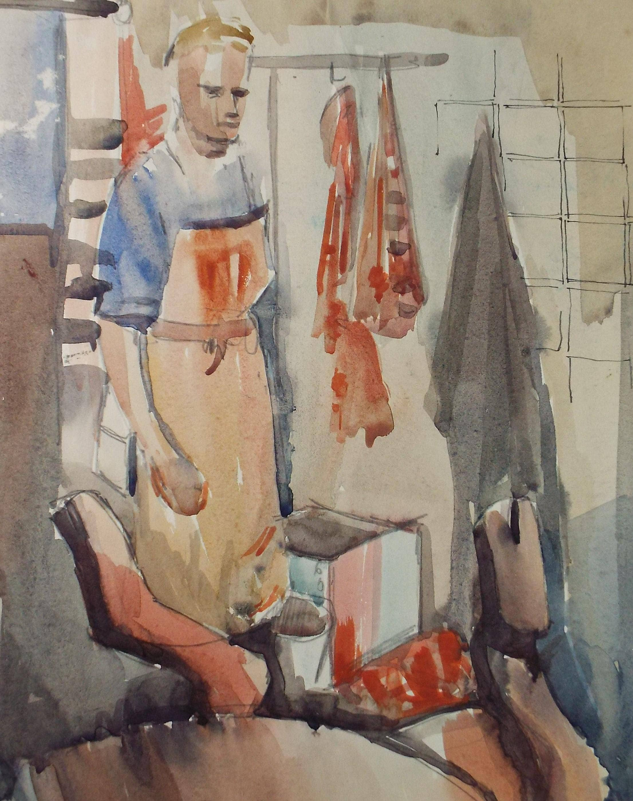 Original Watercolour ,'At The Abattoir', Circa 1950's, artist Unknown