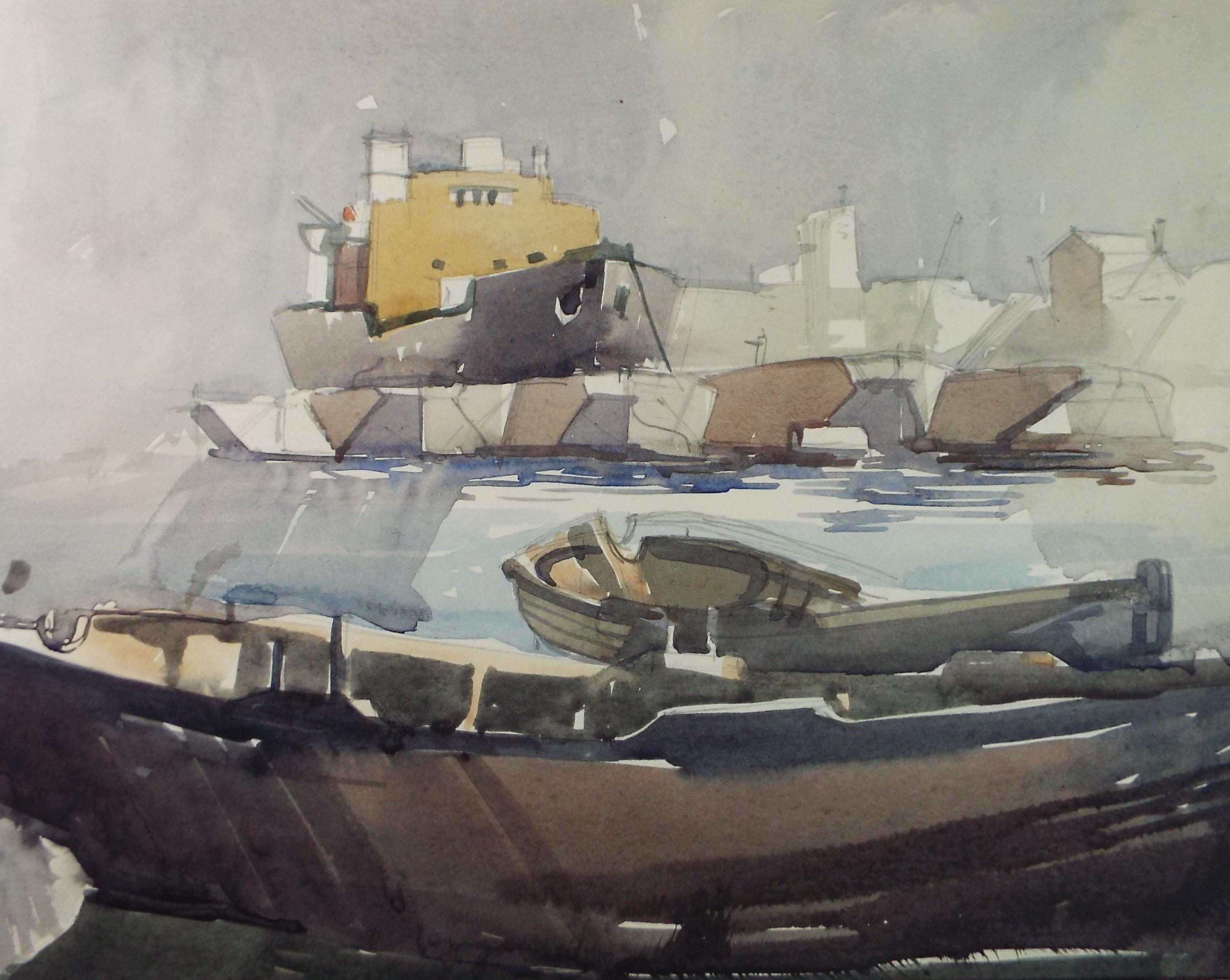 Original Watercolour, 'Freighter on the River', c1950's, Unknown Artist