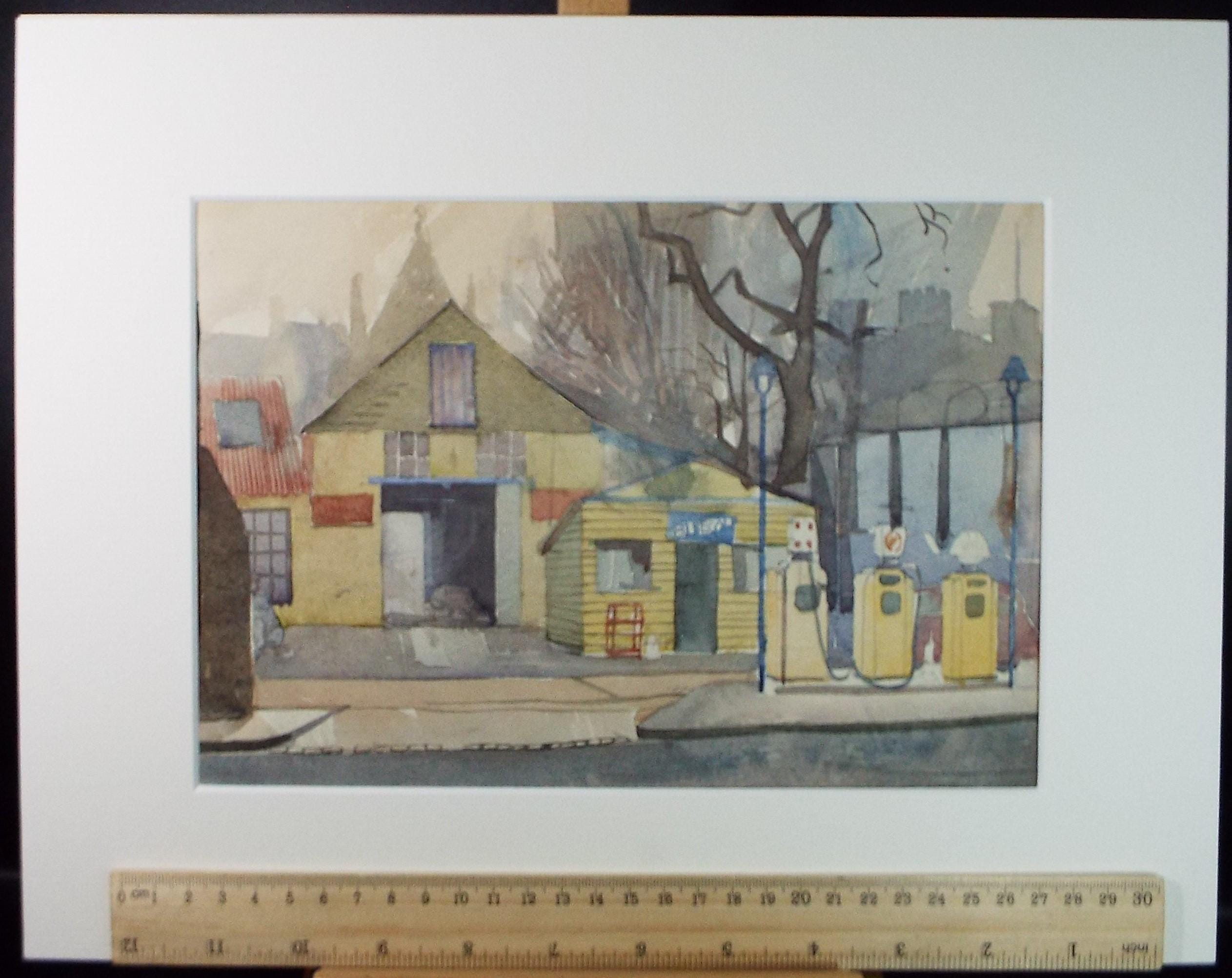 Original Watercolour 'The Filling Station', Artist Unknown, Circa 1950's