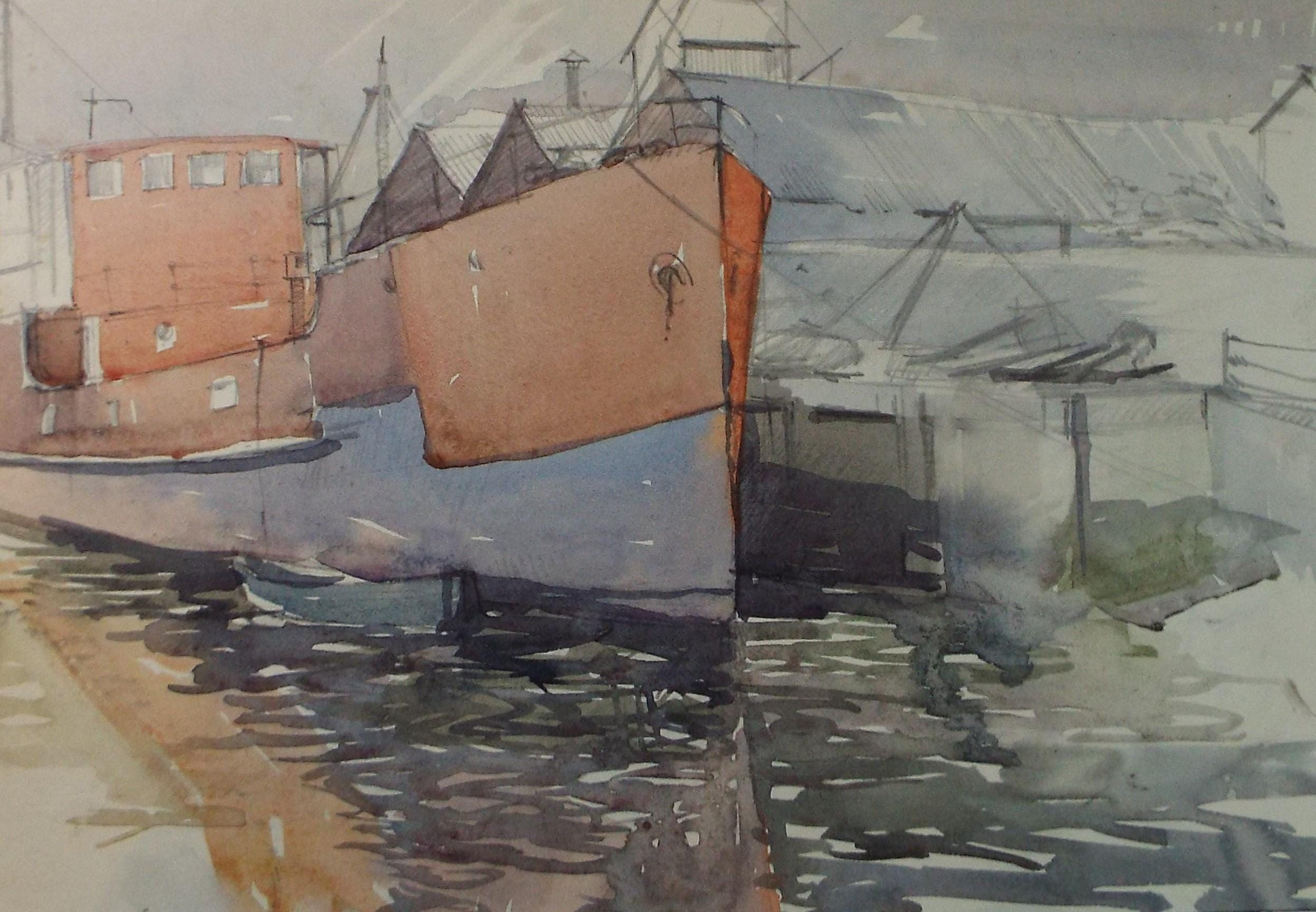 Original Watercolour, 'Moored Freighter', c1950's, Unknown Artist