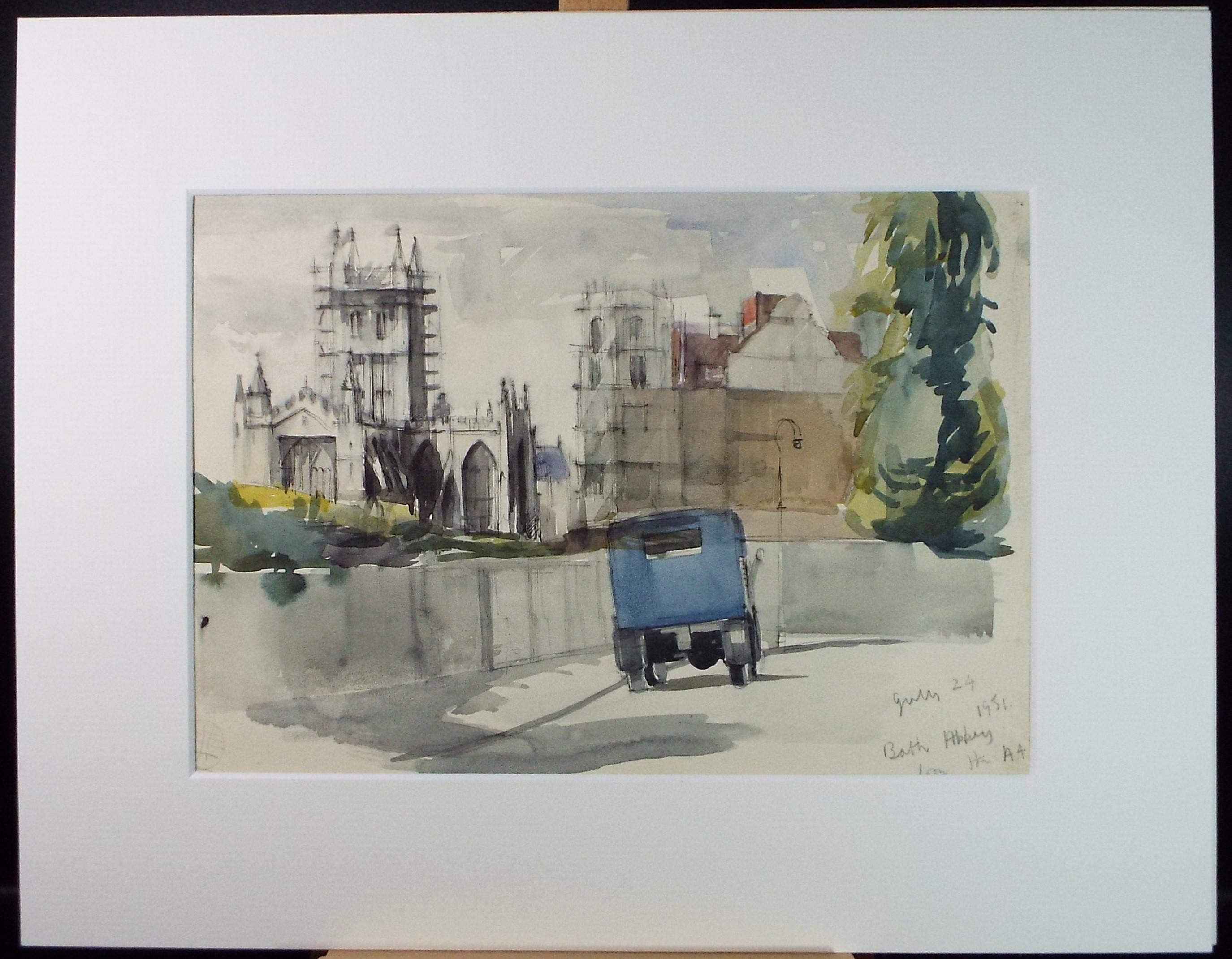 Original Watercolour,'Bath Abbey from the A4', artist Unknown, Dated 1951