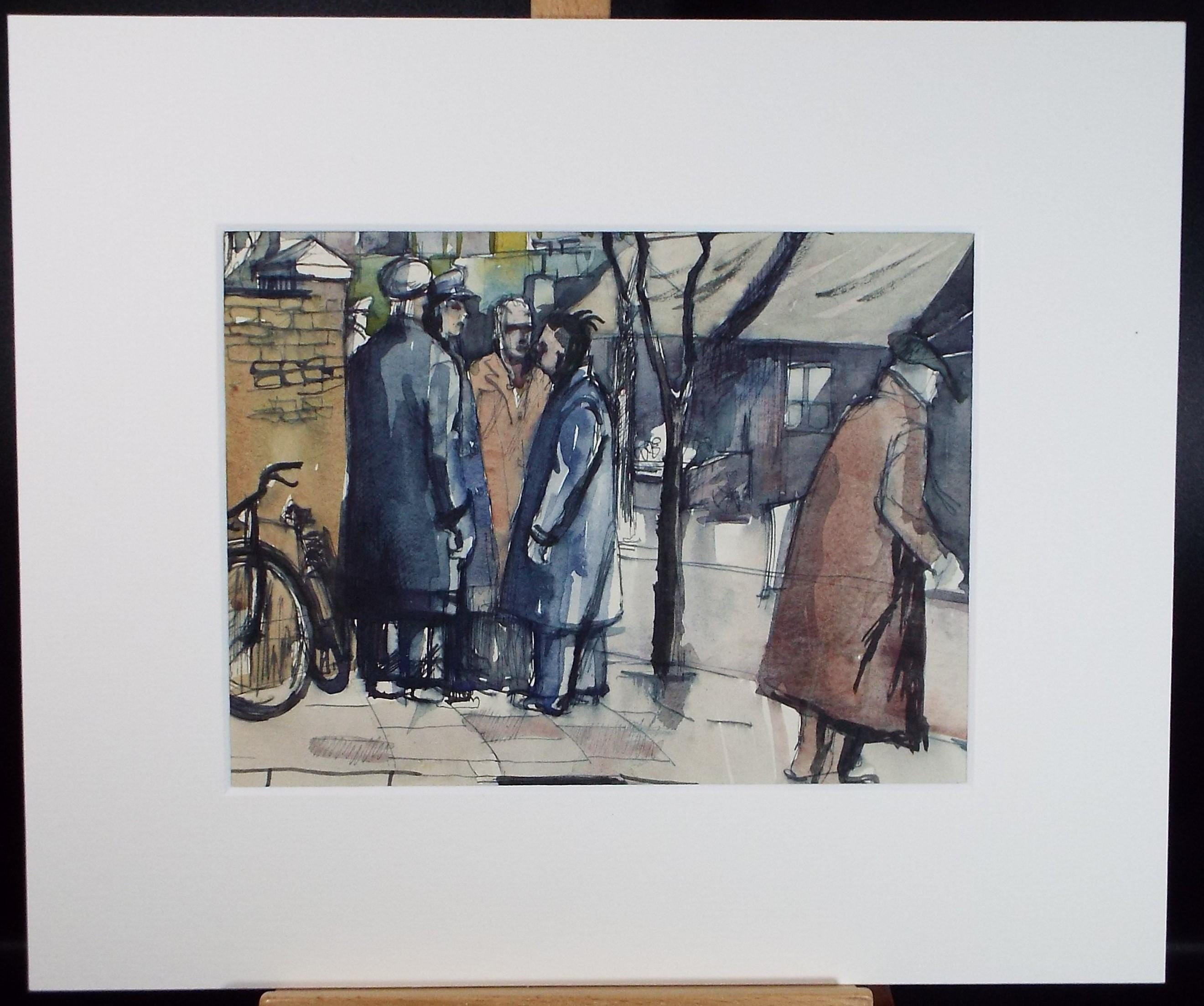 Original watercolour sketch, 'Strikers at Gillingham Bus Depot', Artist Unknown, circa 1950's