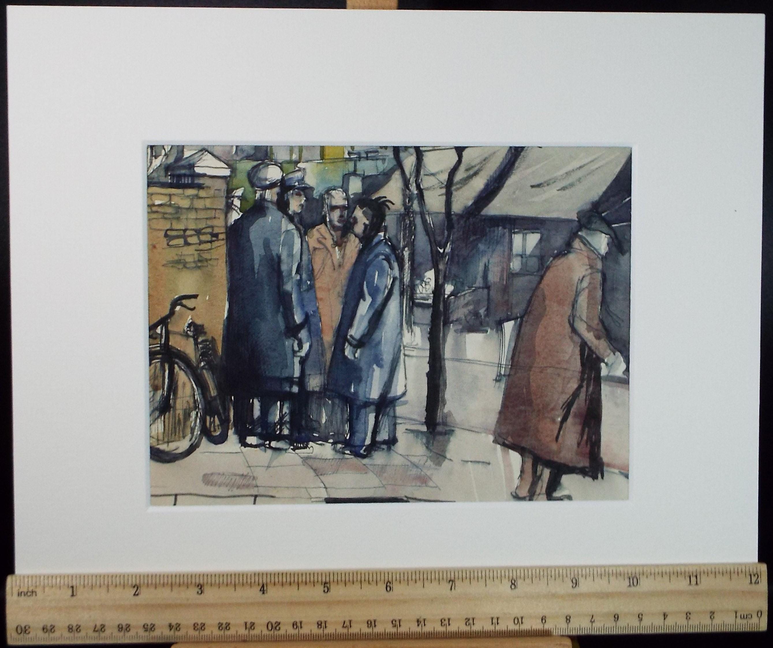 Original watercolour sketch, 'Strikers at Gillingham Bus Depot', Artist Unknown, circa 1950's