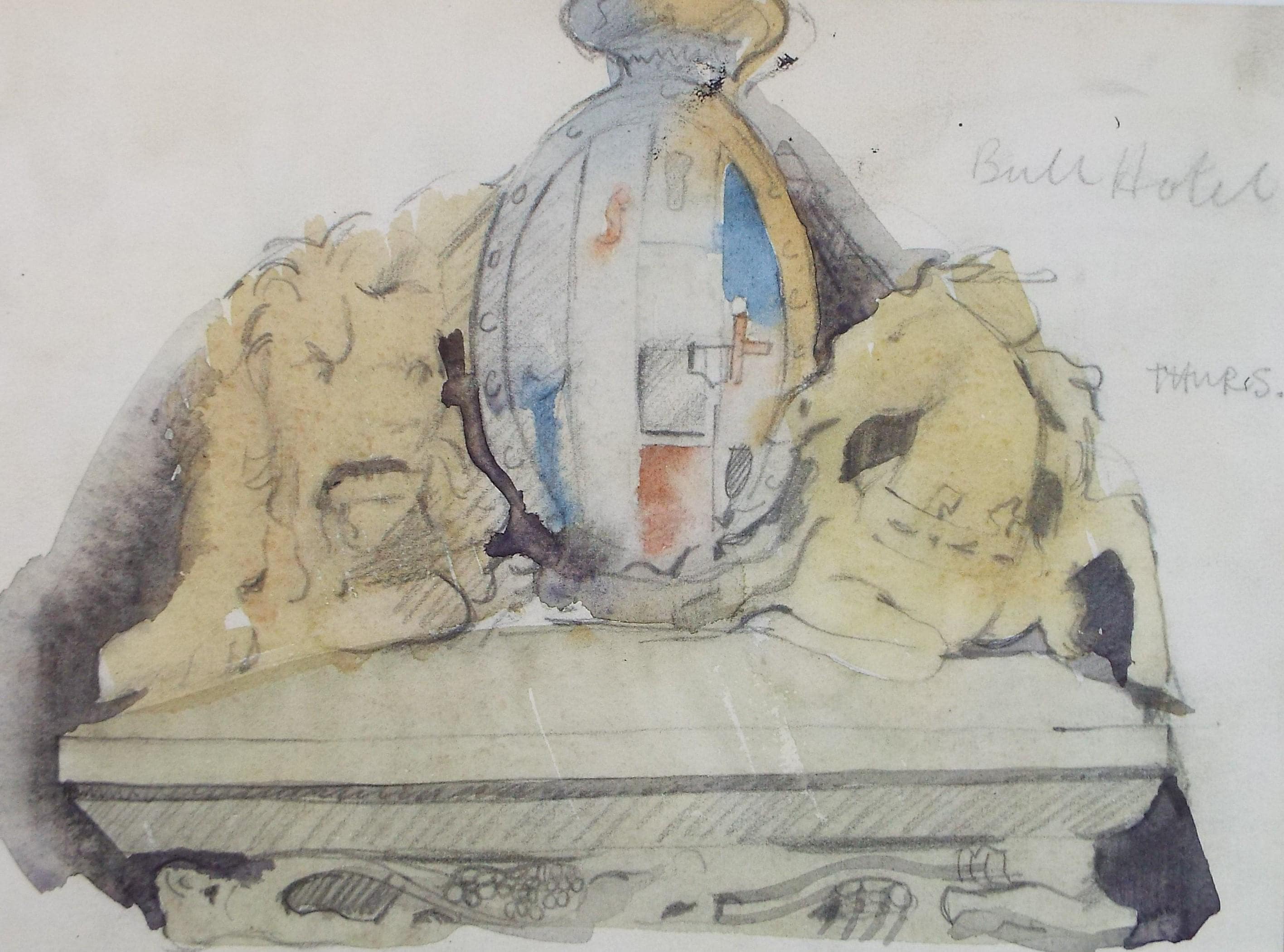 Original Watercolour & pencil Drawing, 'Armorial Plaque - Bull Hotel', Artist Unknown, Circa 1950's