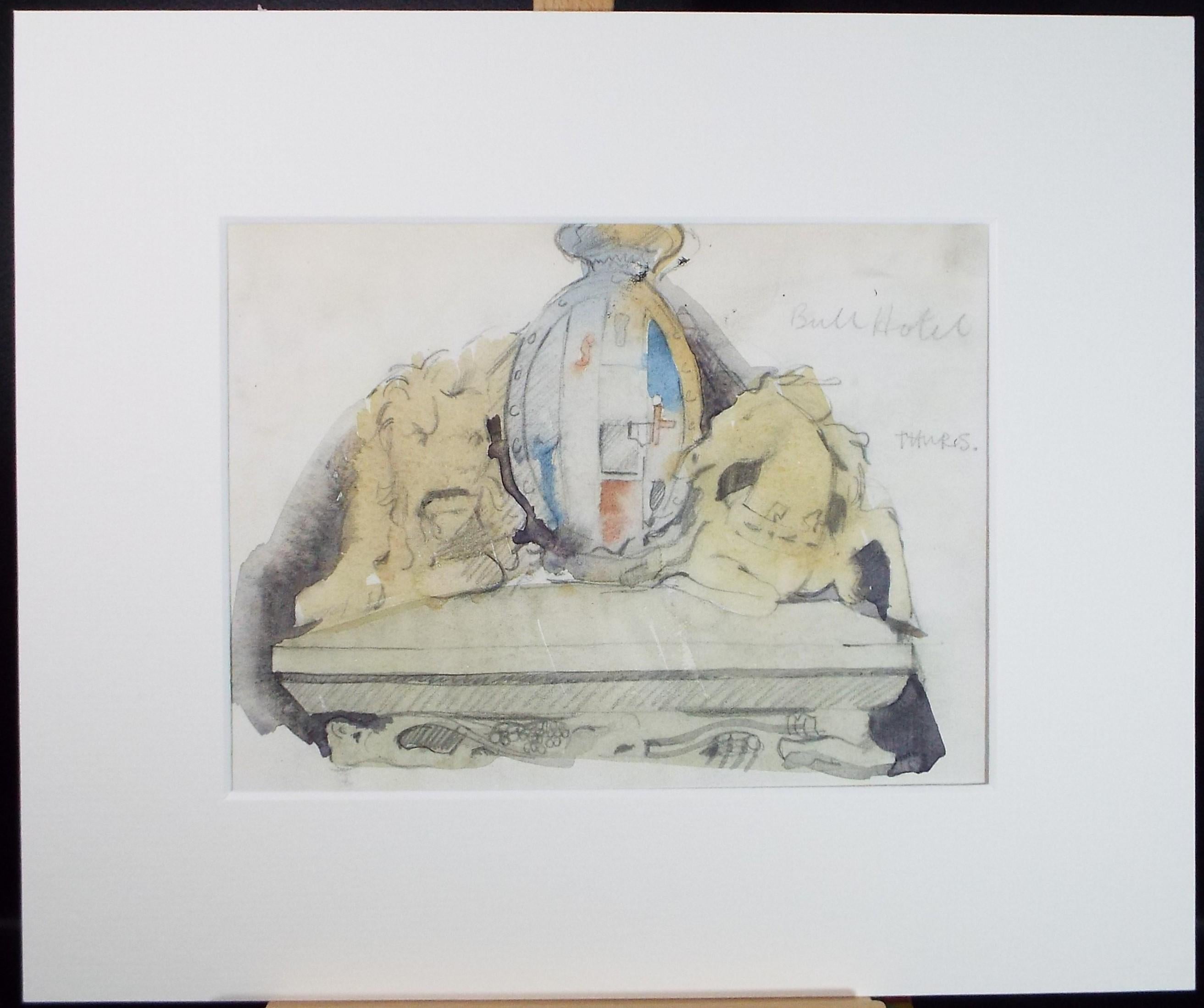 Original Watercolour & pencil Drawing, 'Armorial Plaque - Bull Hotel', Artist Unknown, Circa 1950's