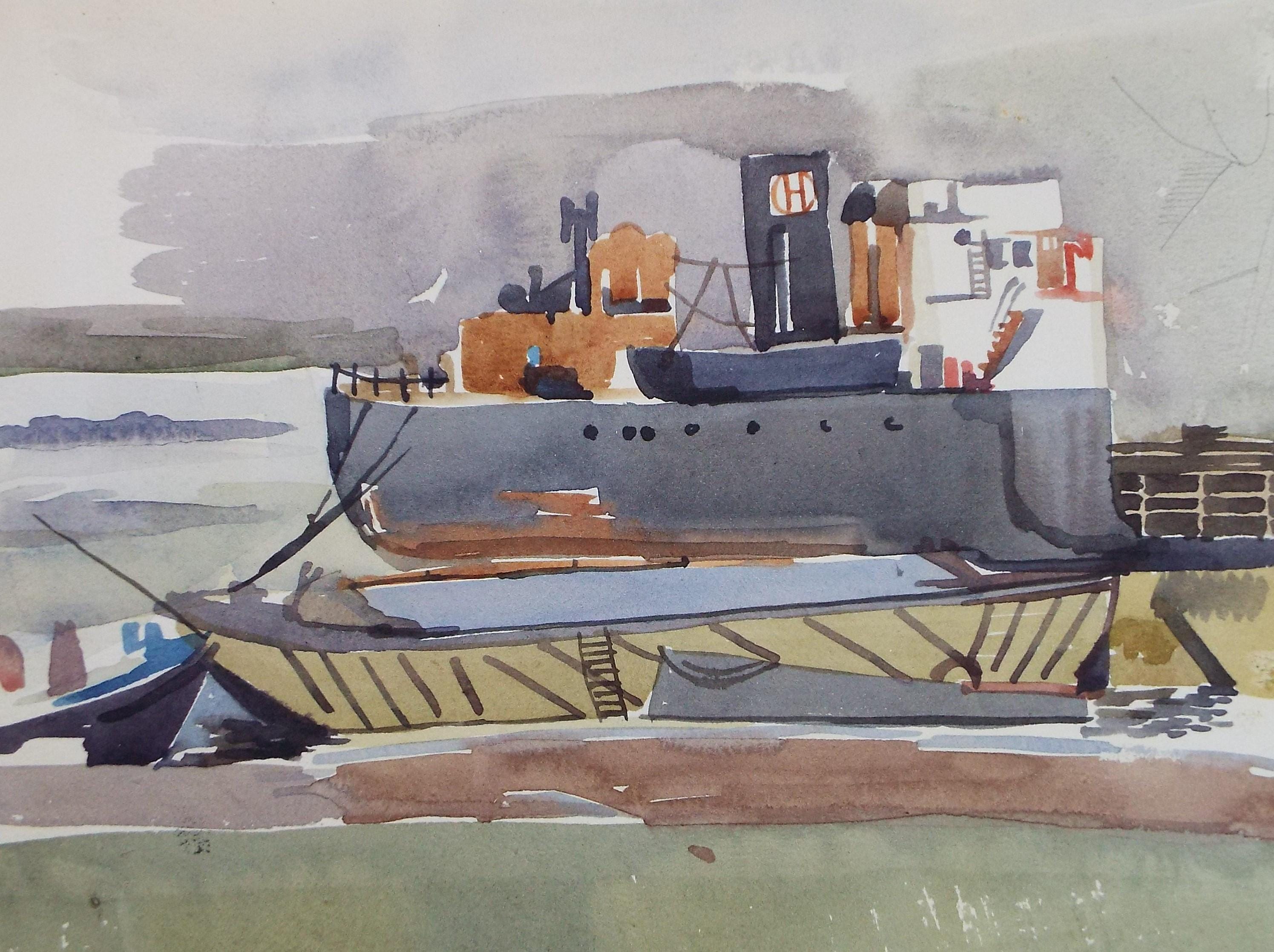 Original Watercolour, 'Moored Freighter', c1950's, Unknown Artist