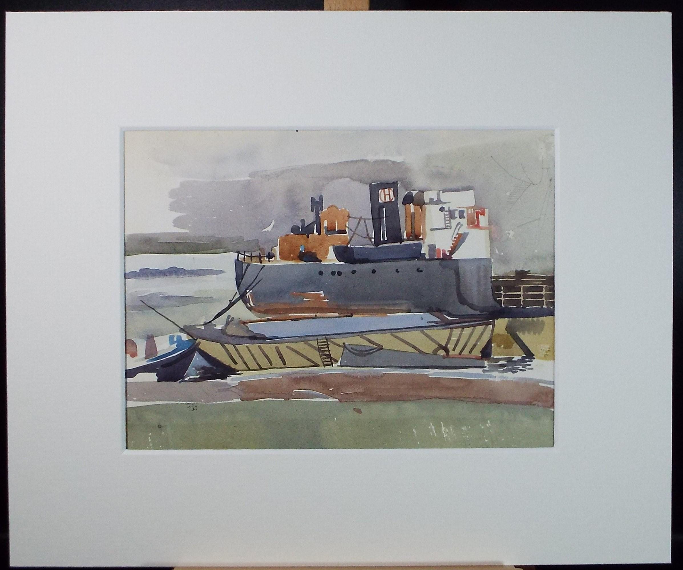 Original Watercolour, 'Moored Freighter', c1950's, Unknown Artist