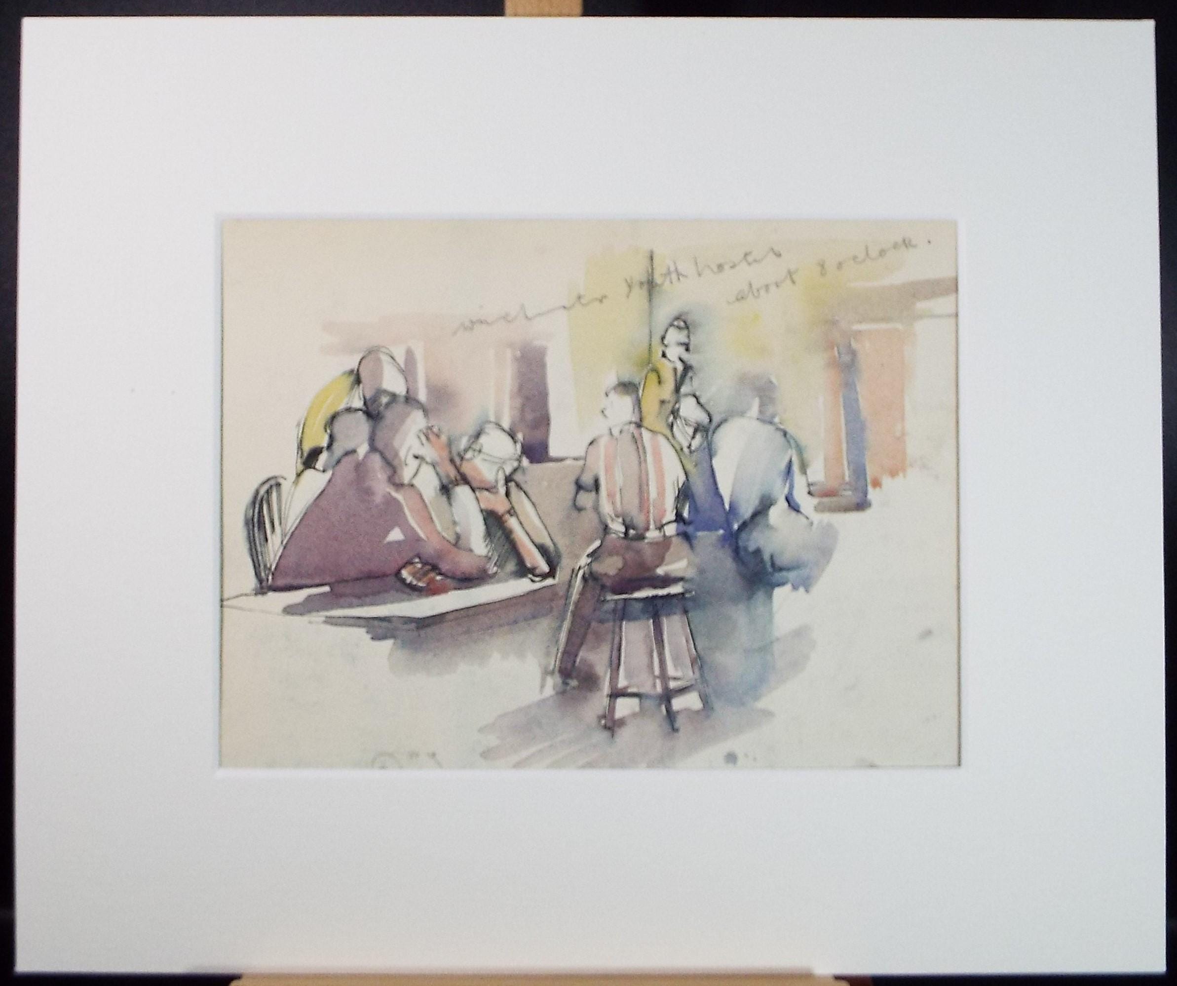 Original watercolour sketch, 'Winchester Youth Hostel - About 8 O'clock', Artist Unknown, circa 1950's