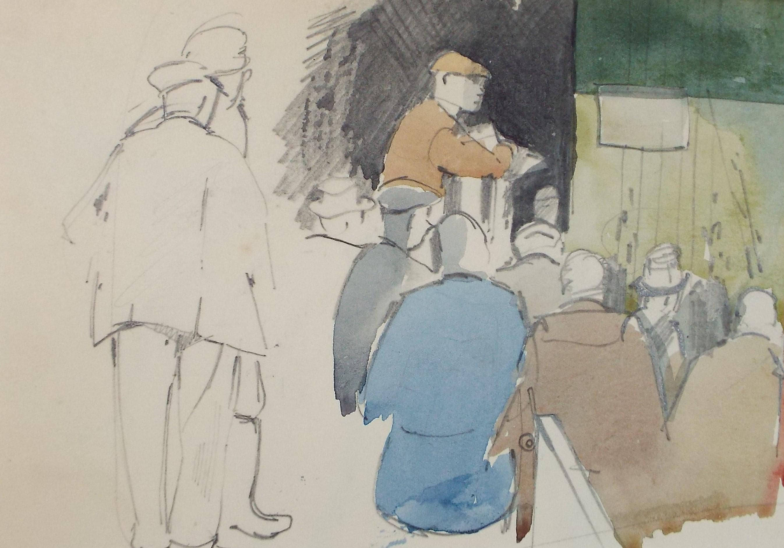 Original watercolour sketch, 'Market with Figures', Artist Unknown, circa 1950's