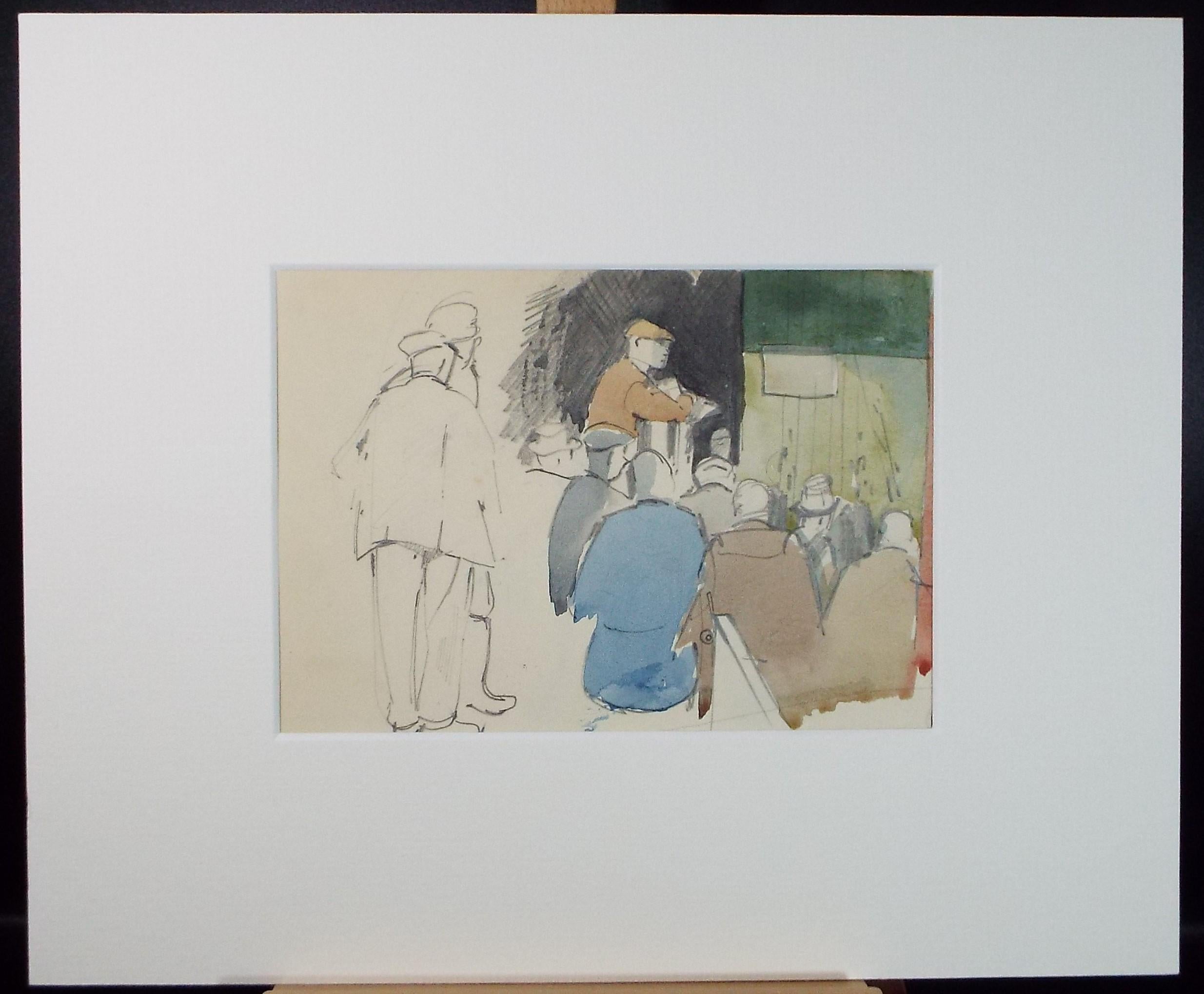 Original watercolour sketch, 'Market with Figures', Artist Unknown, circa 1950's