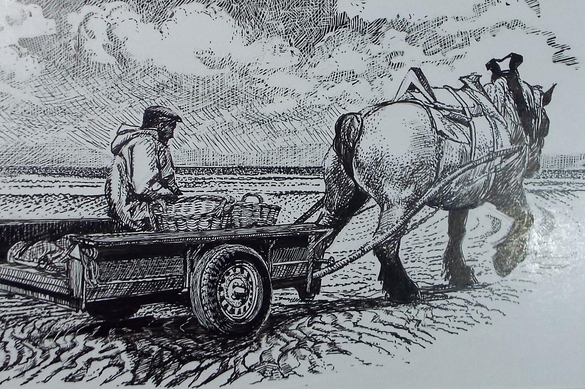 Original Scraperboard & ink drawing, 'Cockle Pickers', Lorraine Abraham RSMA (1941-2023), Circa 1990's