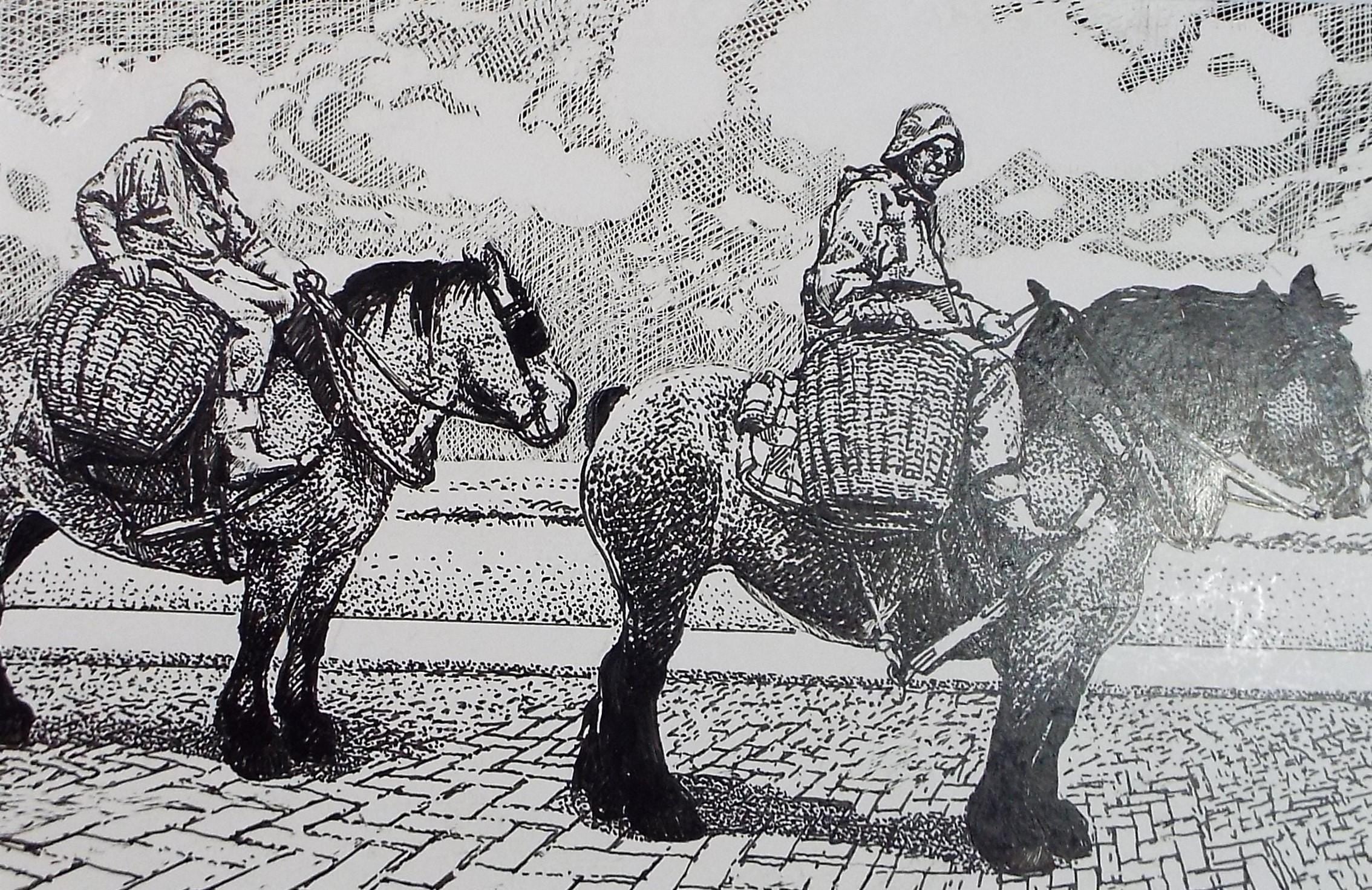 Original Scraperboard & ink drawing, 'Cockle Pickers', Lorraine Abraham RSMA (1941-2023), Circa 1990's