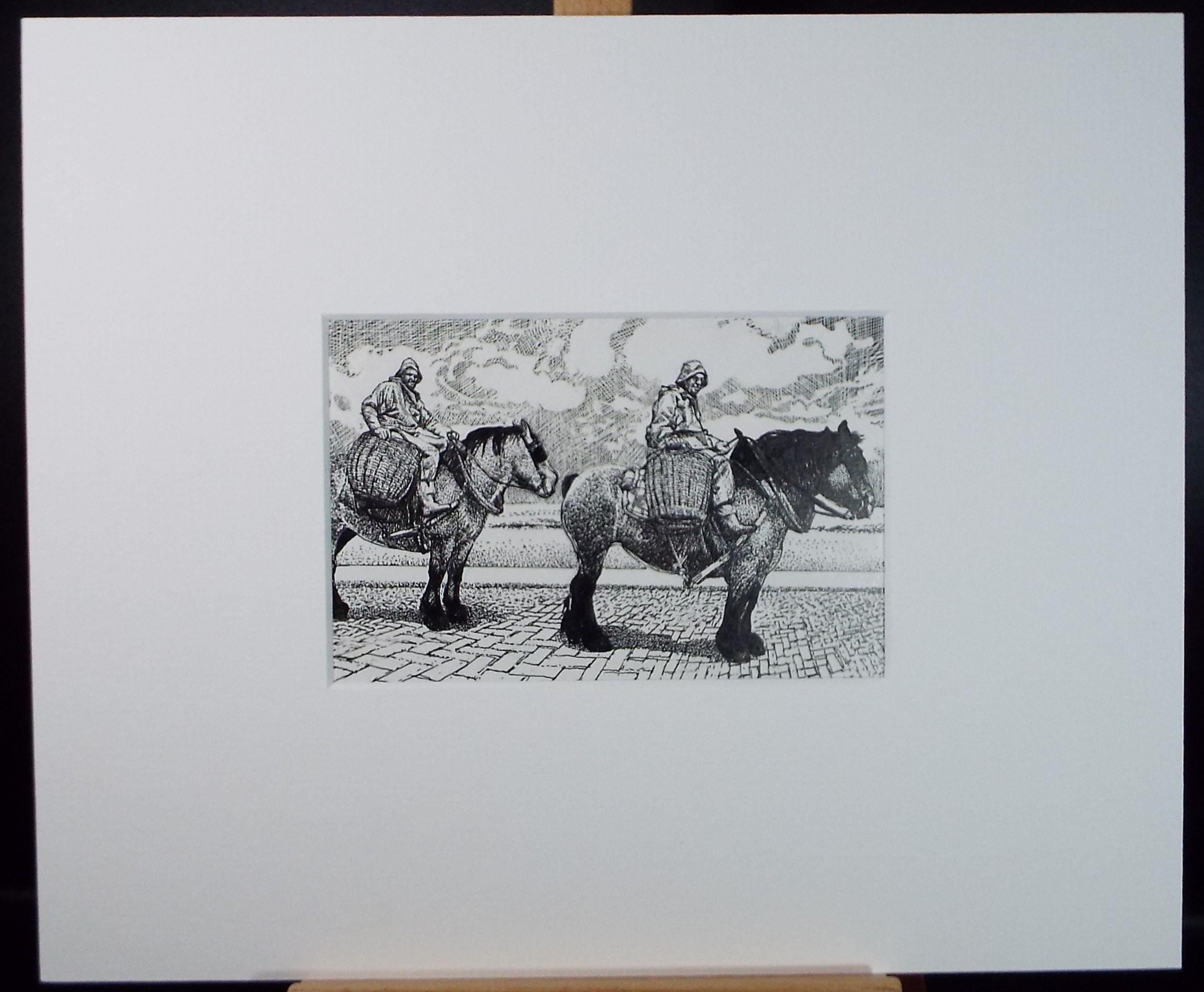 Original Scraperboard & ink drawing, 'Cockle Pickers', Lorraine Abraham RSMA (1941-2023), Circa 1990's