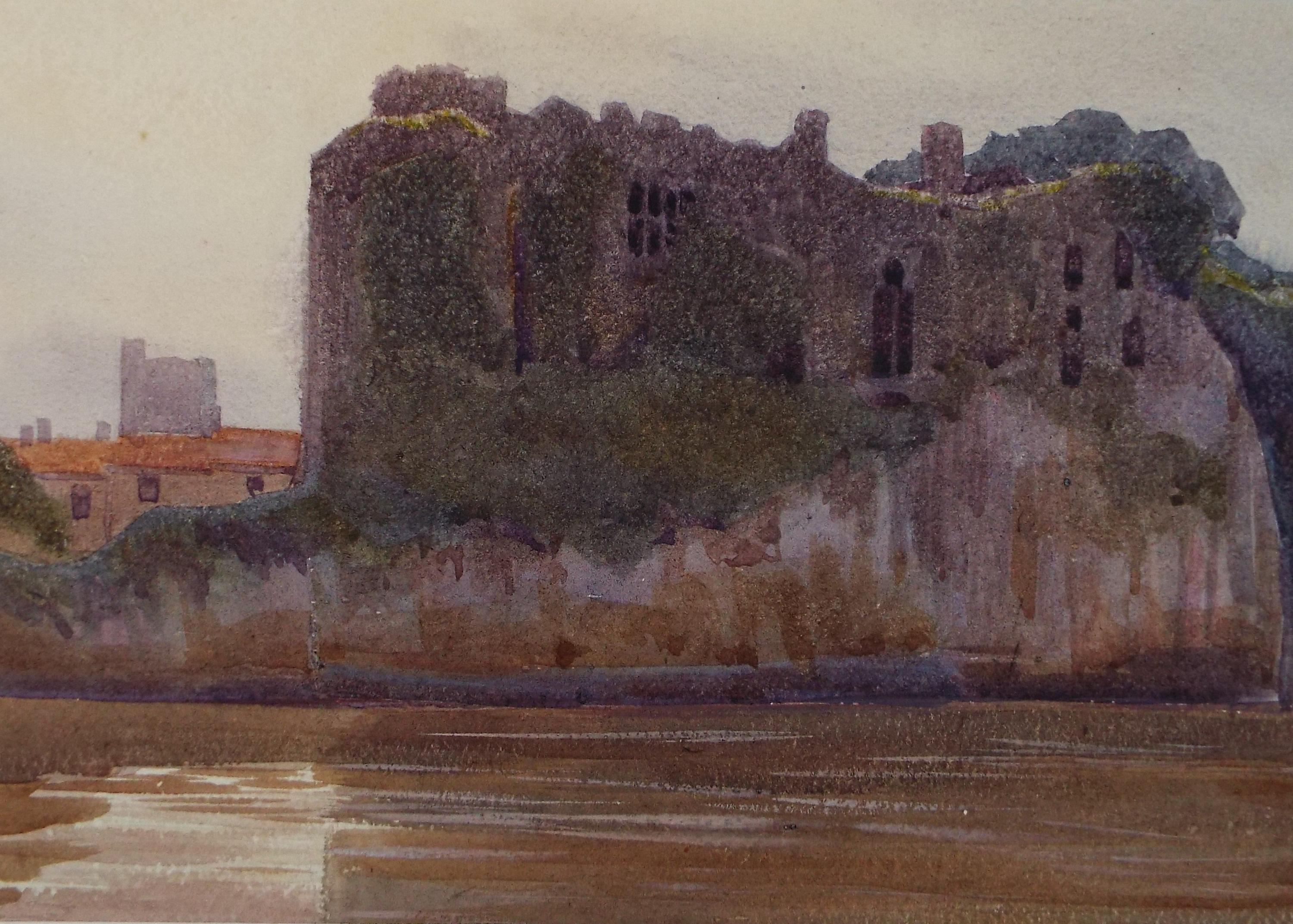 Original Watercolour, 'Ruined Castle on the River', Circa 1950's, Artist Unknown