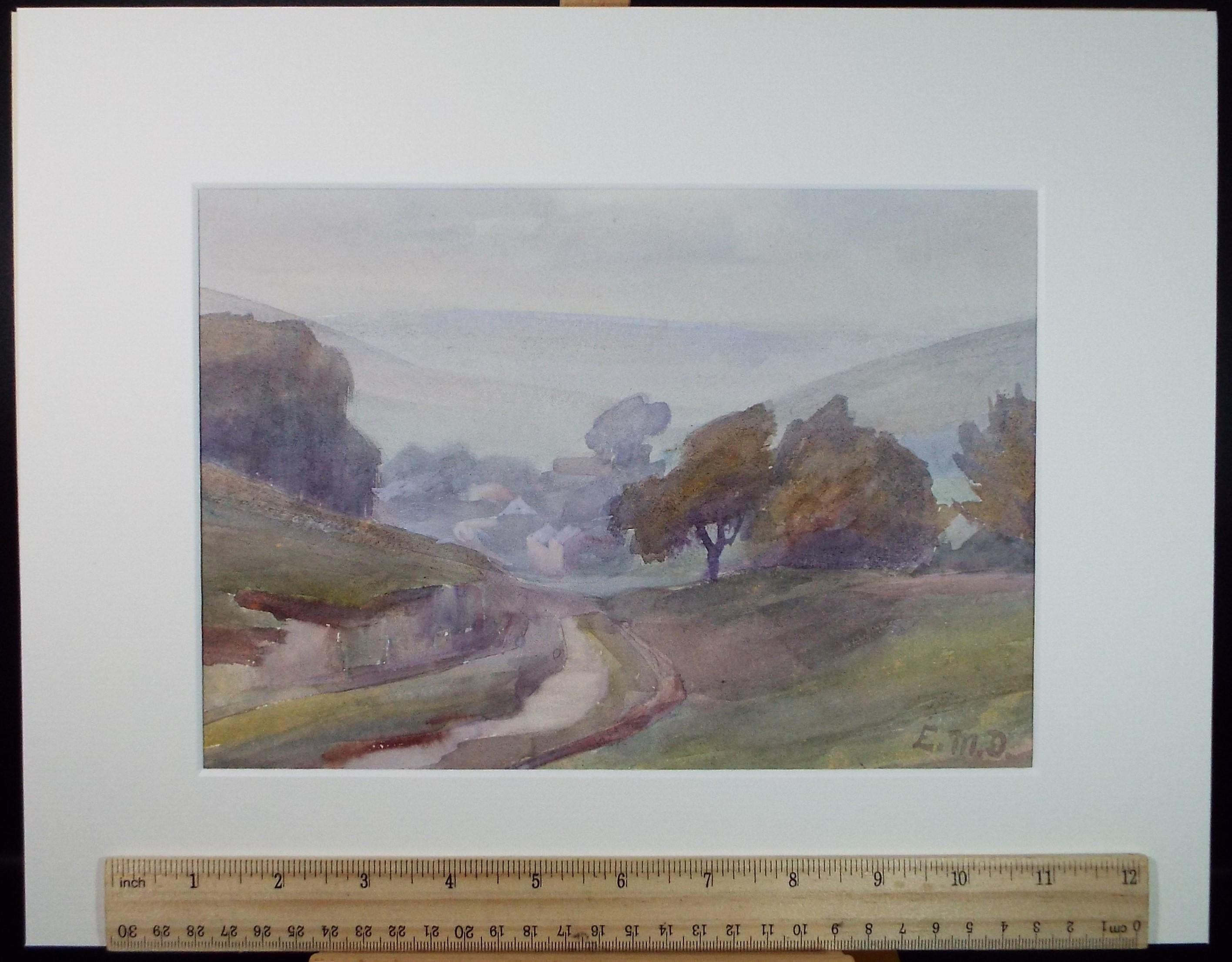 Original Watercolour, 'Village in a Valley', Artist Unknown (initials EMD), circa 1920's