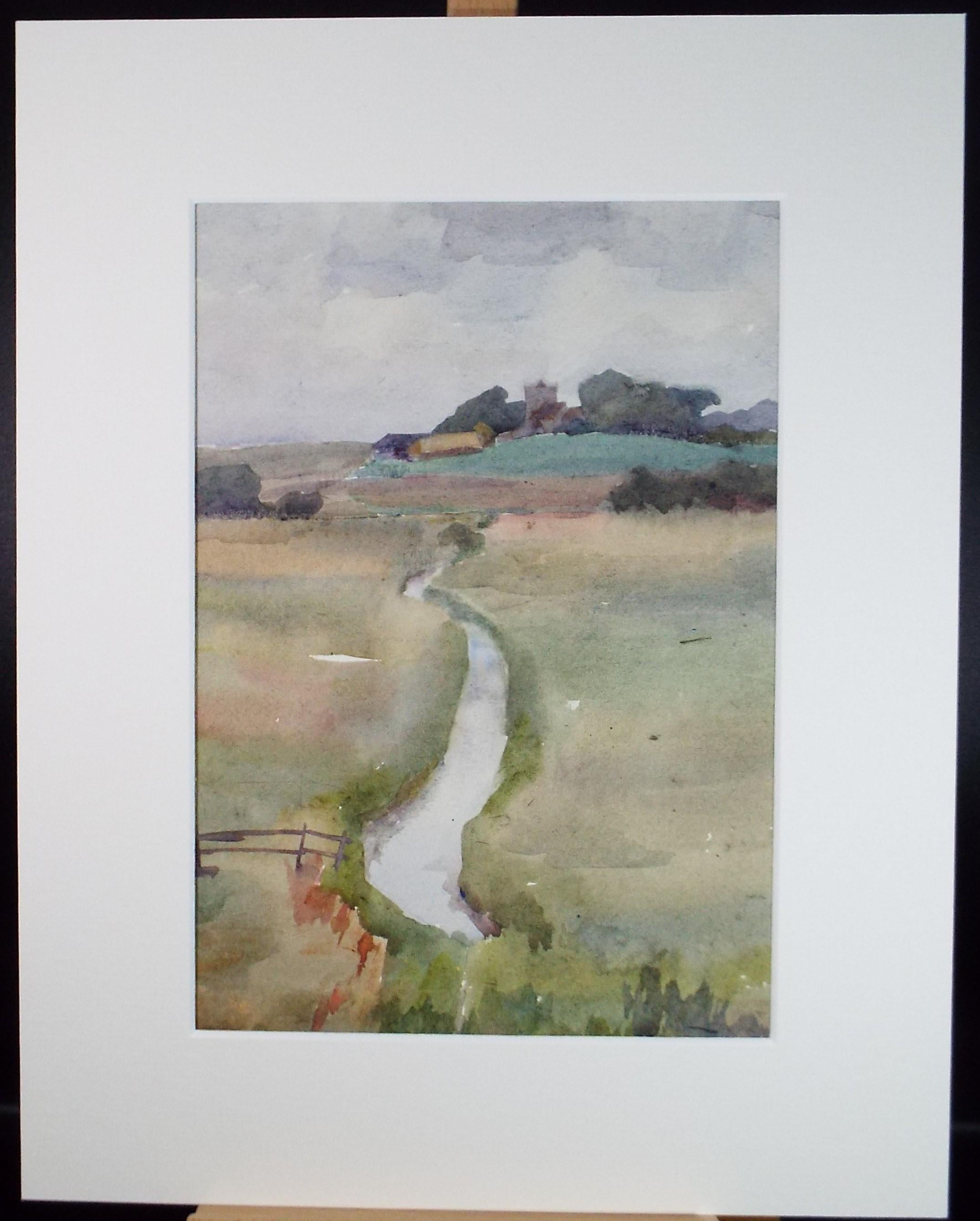 Original Watercolour, 'Stream through Fields', Artist Unknown, circa 1950's