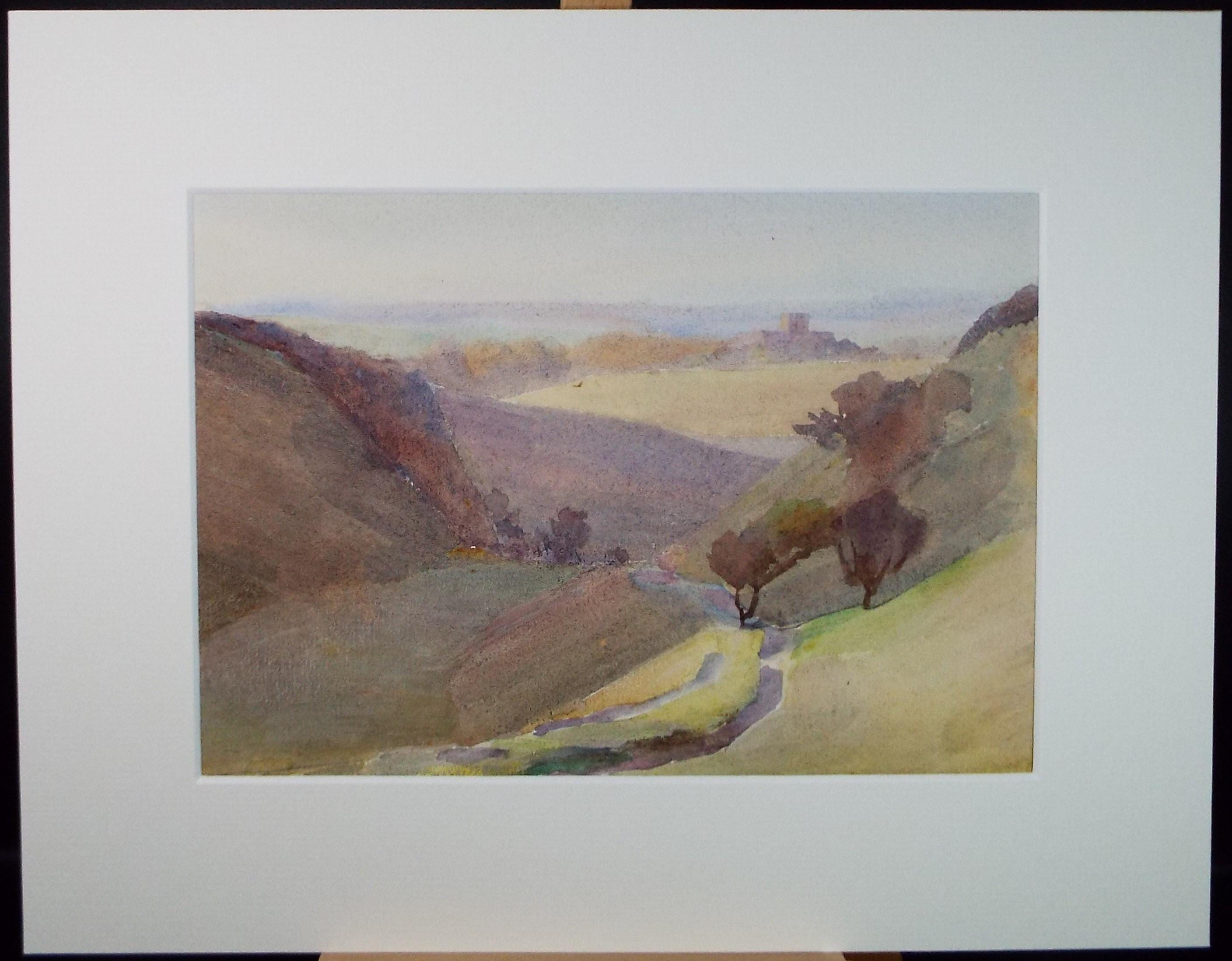 Original Watercolour, 'Landscape with distant Church', Artist Unknown, circa 1950's