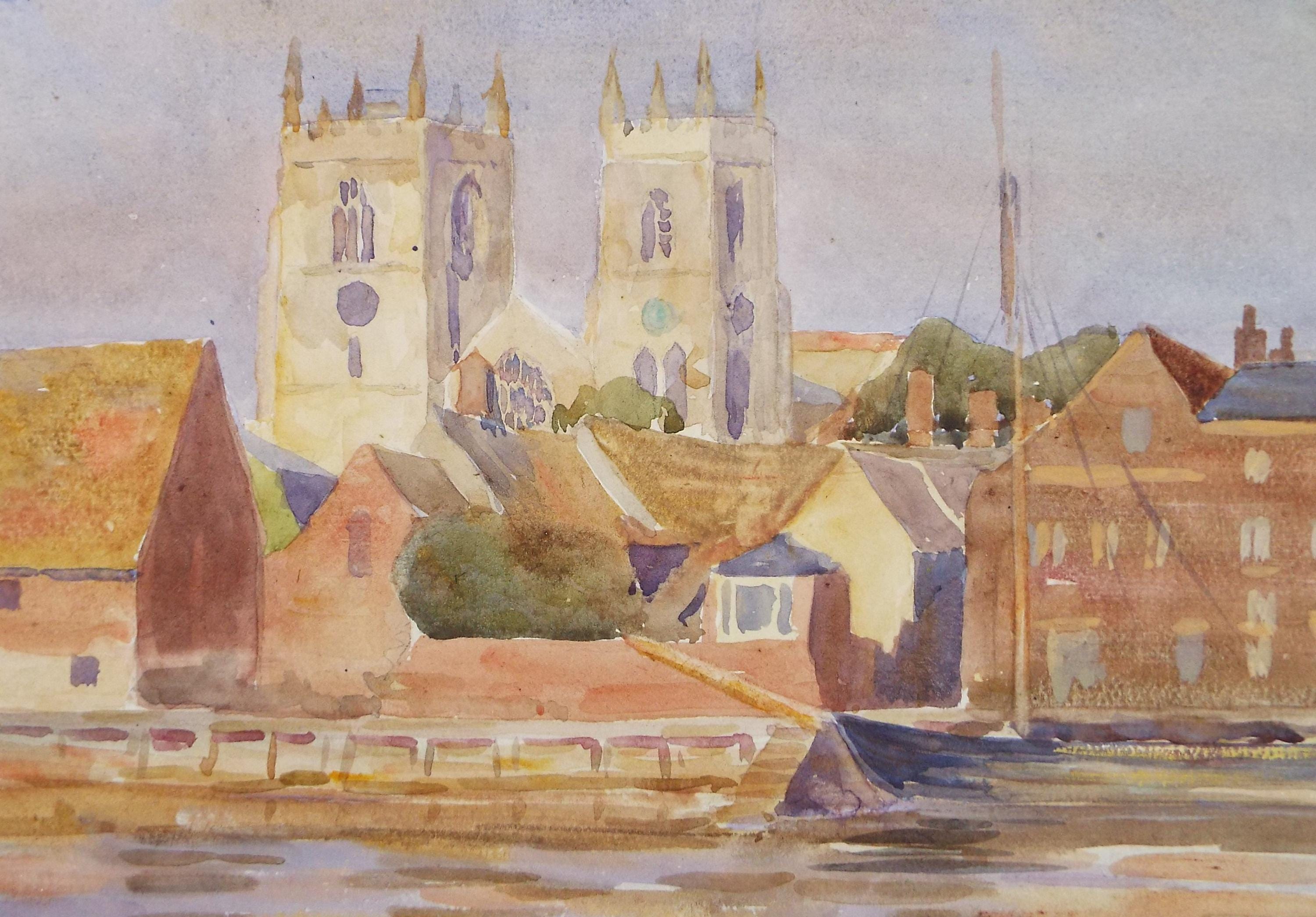 Original Watercolour, 'Quayside with Church Tower', circa 1950's, Artist Unknown