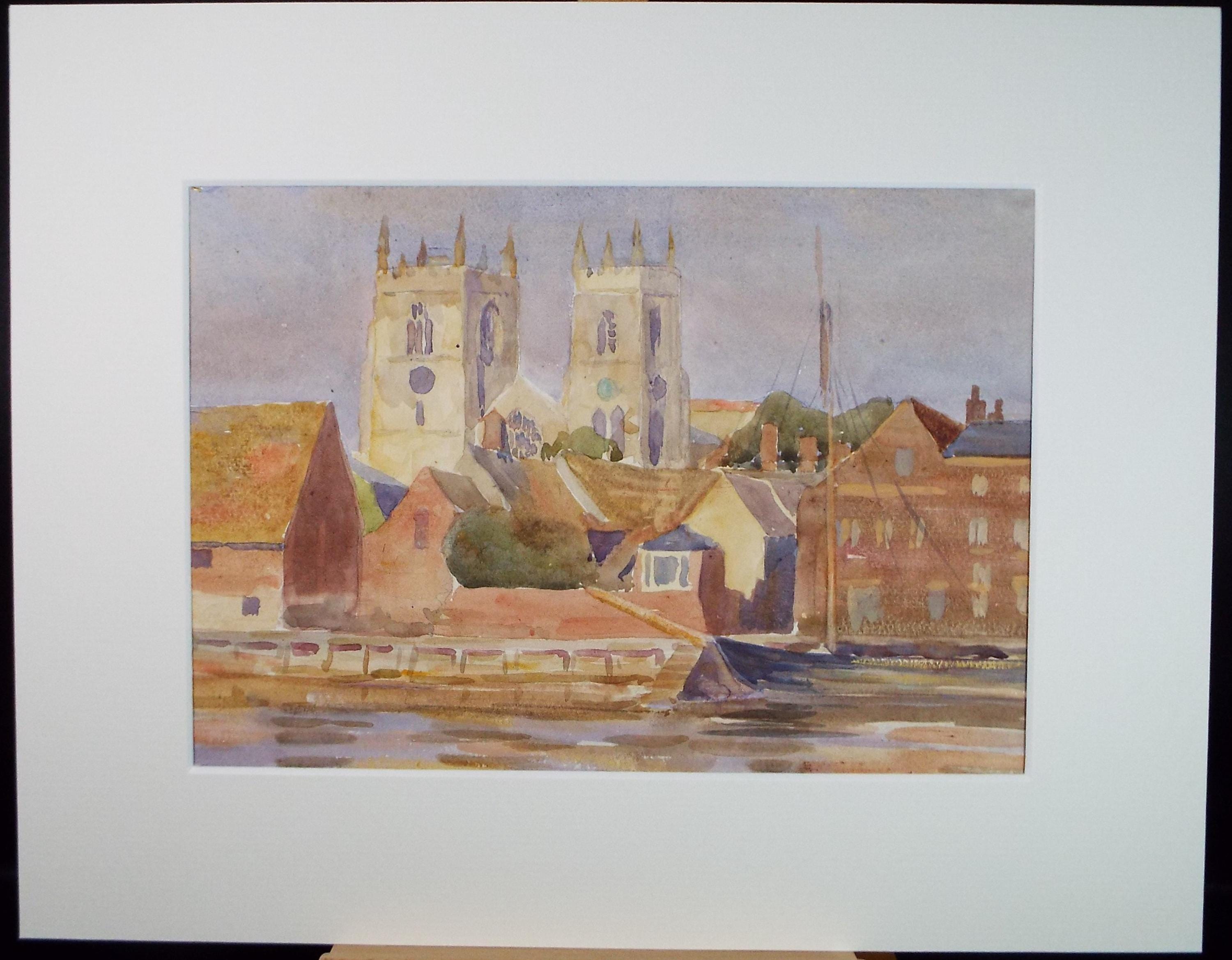 Original Watercolour, 'Quayside with Church Tower', circa 1950's, Artist Unknown