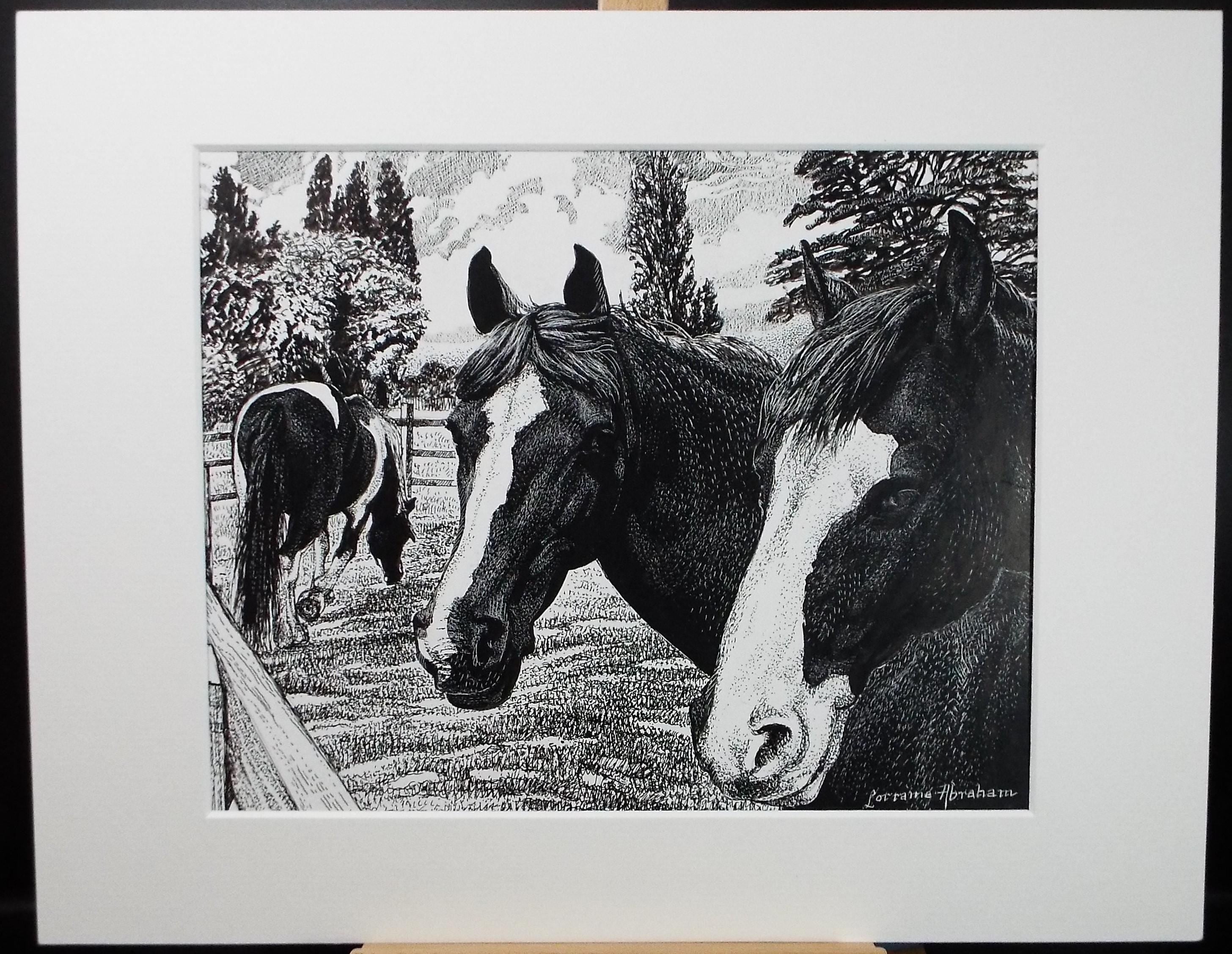 Original Scraperboard & ink drawing, 'Horses in the Paddock', Lorraine Abraham RSMA (1941-2023), Circa 1990's