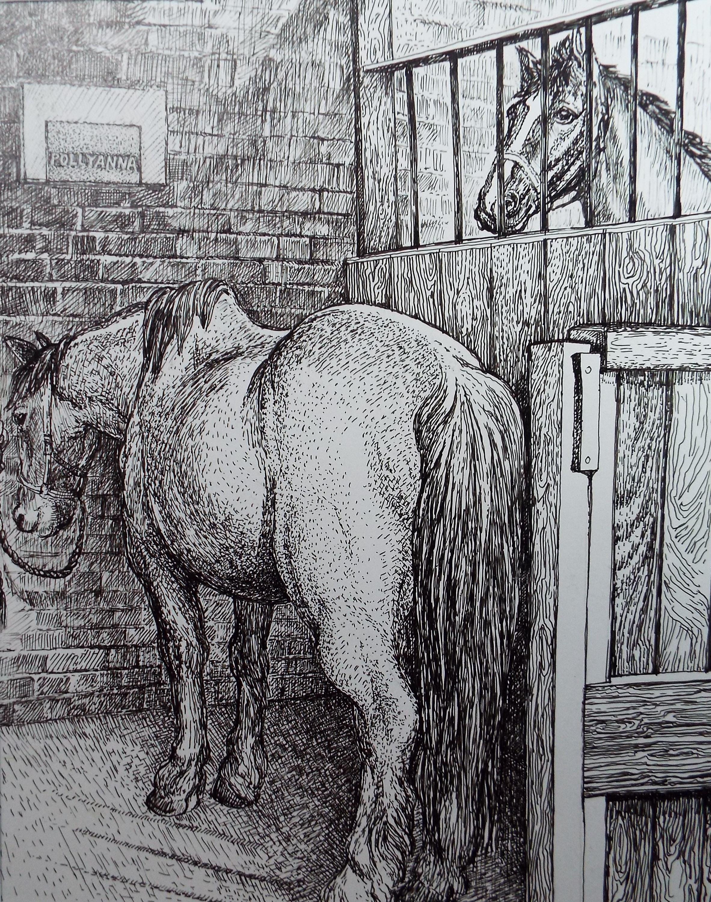 Original Scraperboard & ink drawing, 'Pollyanna in the Stable', Lorraine Abraham RSMA (1941-2023), Circa 1990's