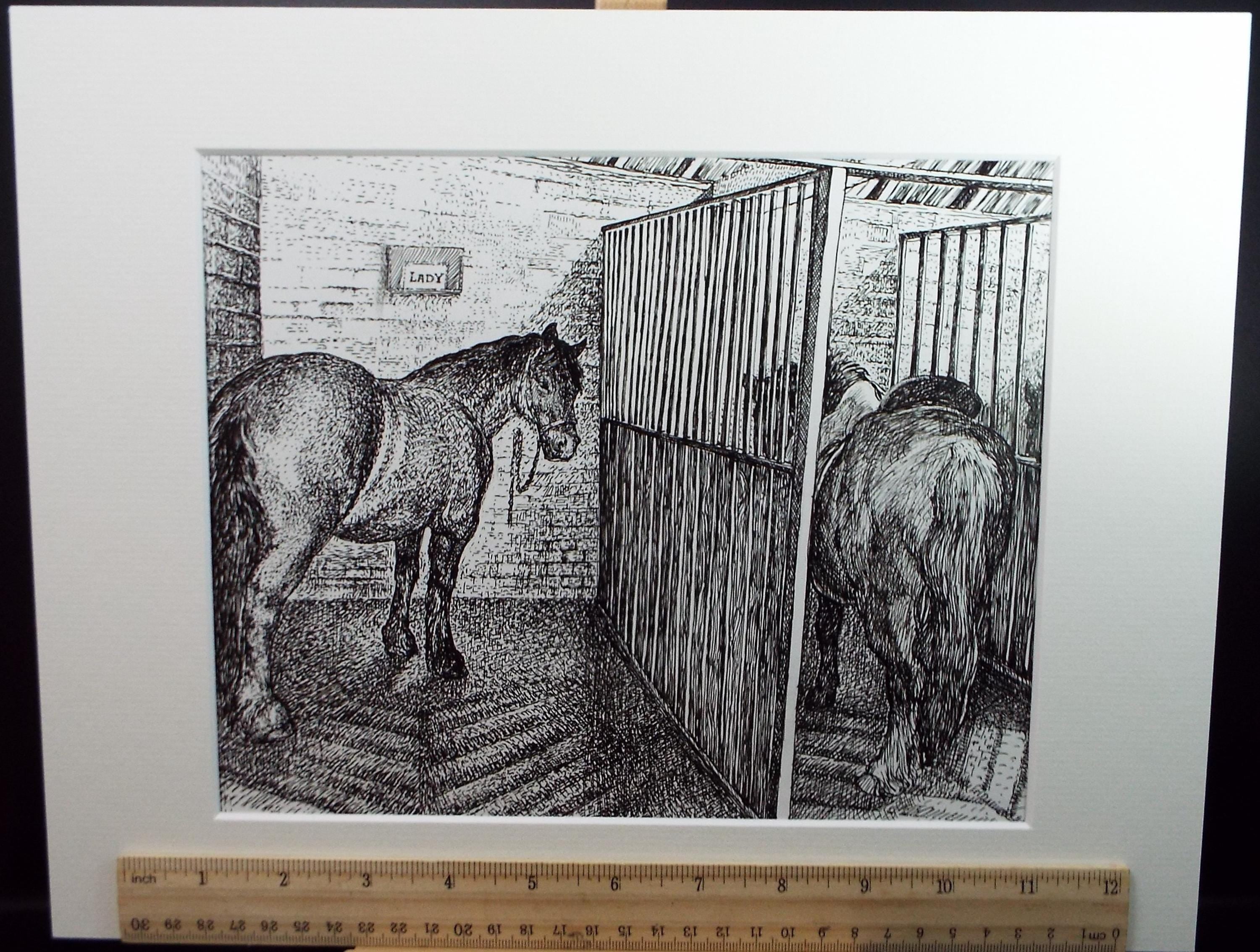 Original Scraperboard & ink drawing, 'Lady in the Stable', Lorraine Abraham RSMA (1941-2023), Circa 1990's