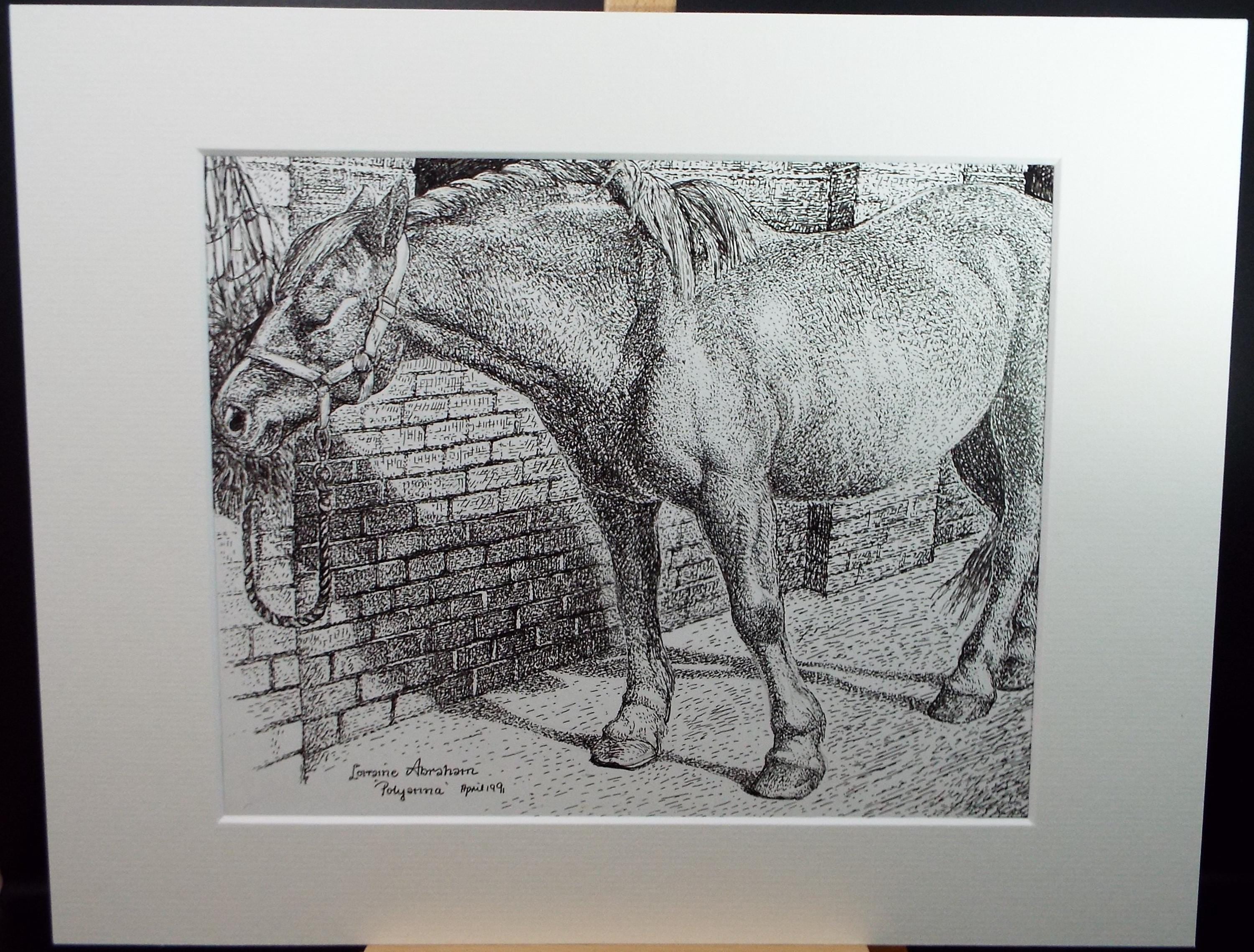 Original Scraperboard & ink drawing, 'Pollyanna Feeding', Lorraine Abraham RSMA (1941-2023), Circa 1990's