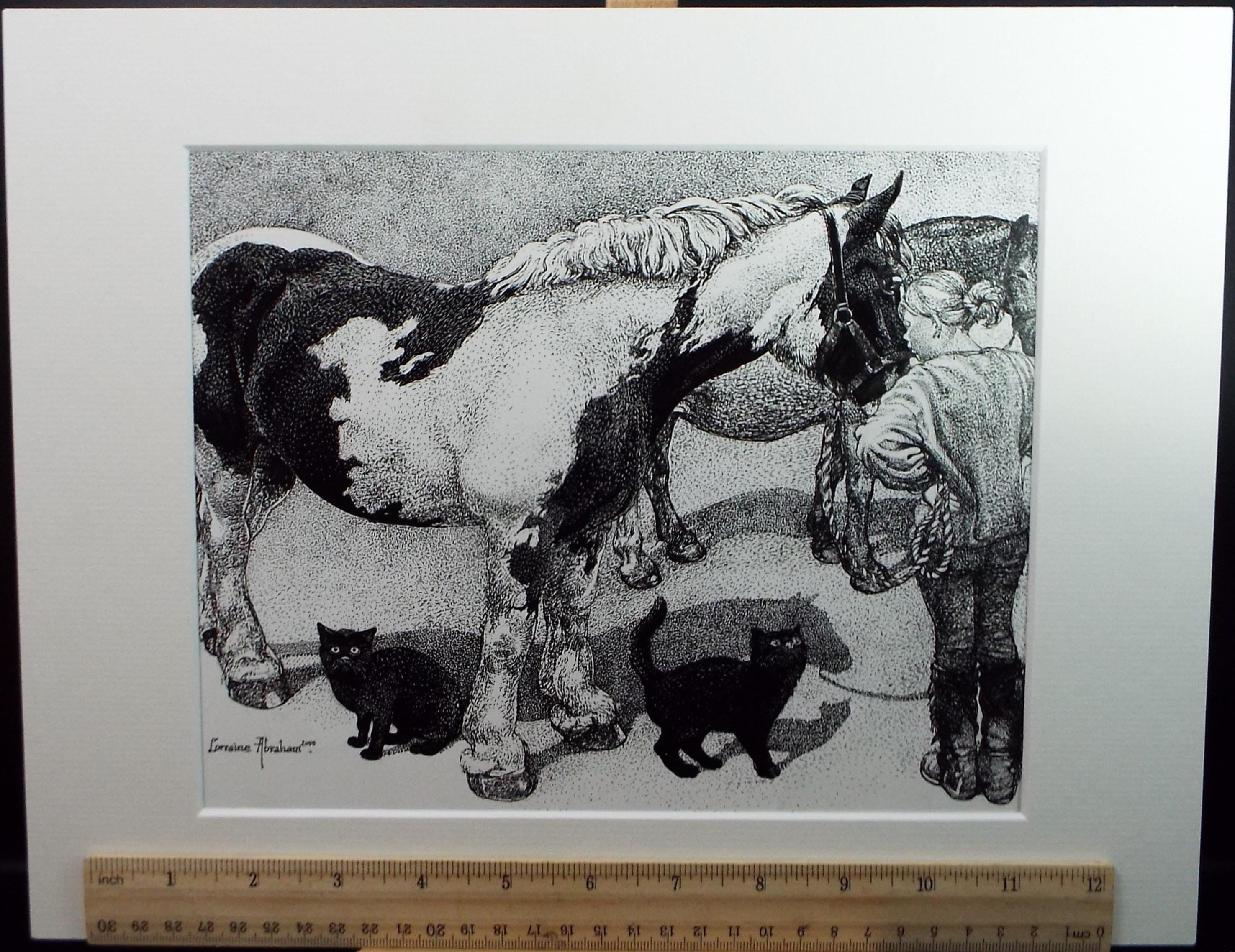 Original Scraperboard & ink drawing, 'Horses and Black Cats', Lorraine Abraham RSMA (1941-2023), Circa 1990's