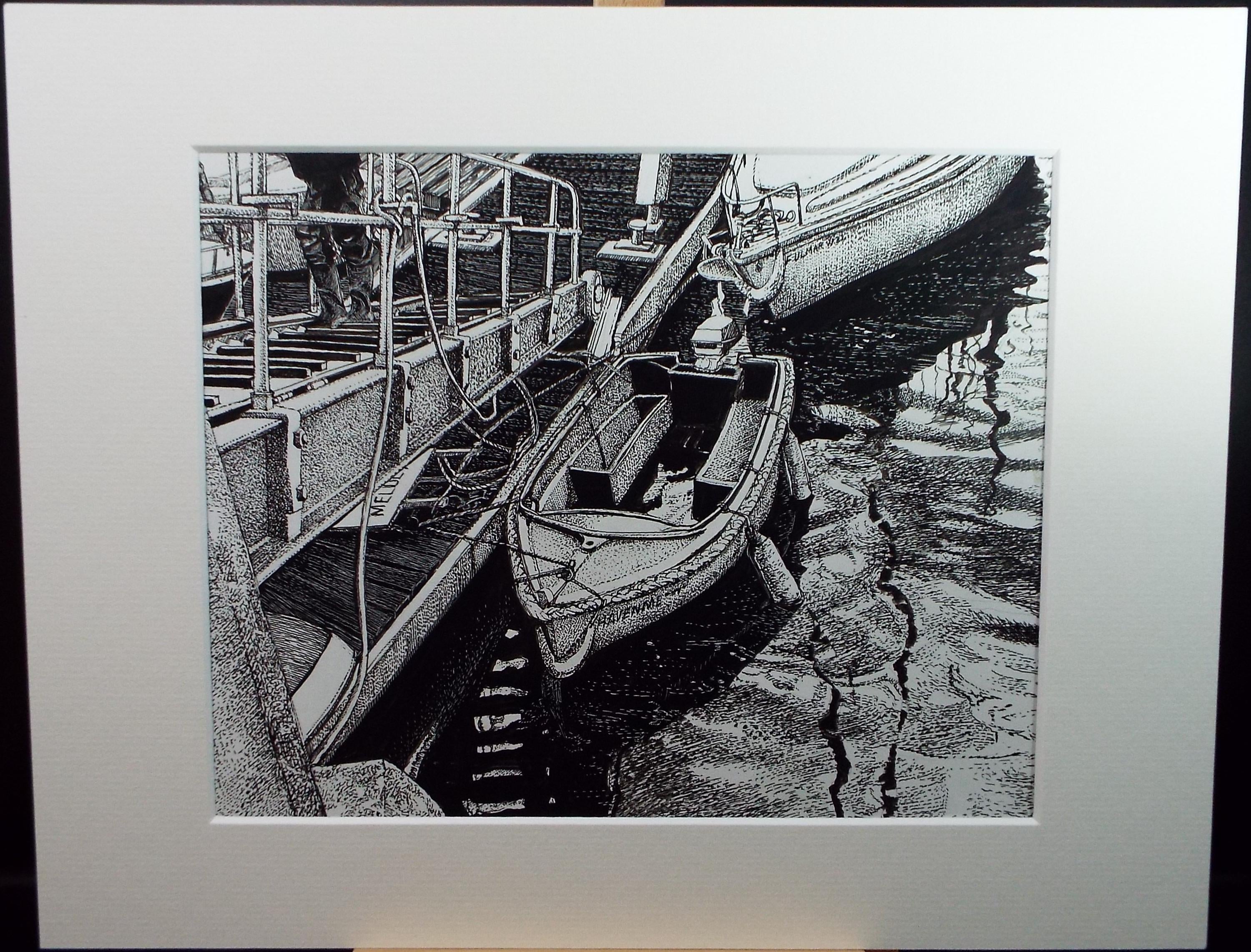 Original Scraperboard & ink drawing, 'Moored speed Boat', Lorraine Abraham RSMA (1941-2023), Circa 1990's