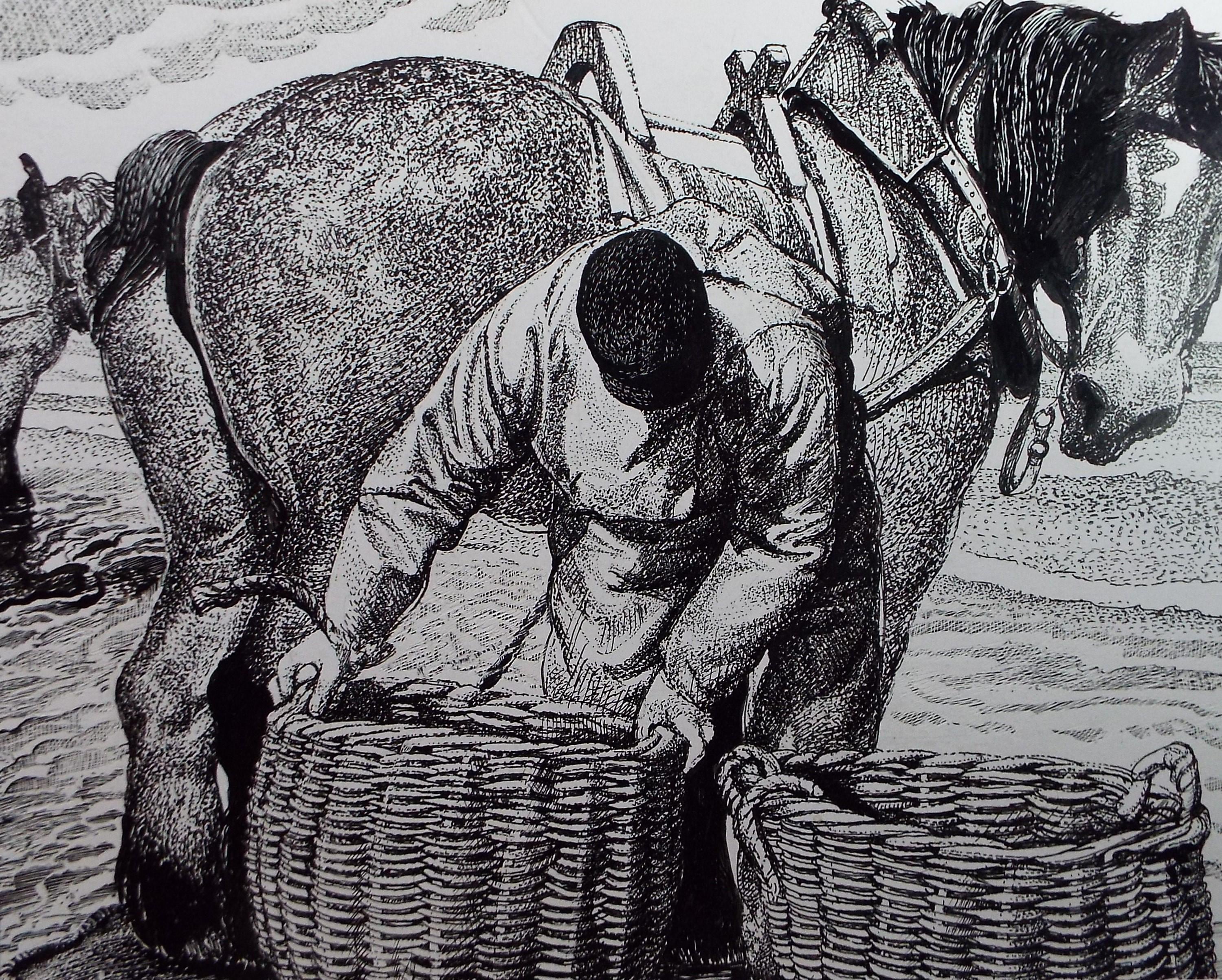 Original Scraperboard & Ink drawing, 'Cockle Pickers', Lorraine Abraham RSMA (1941-2023), Circa 1990's